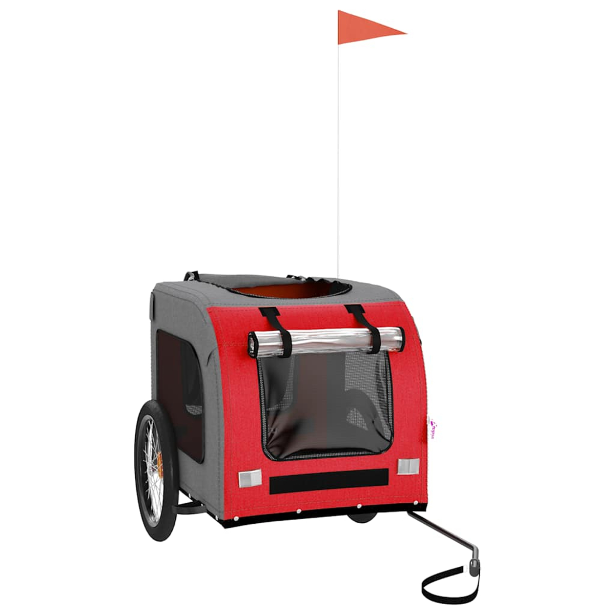 Ein roter und grauer Fahrradanhänger für Haustiere mit einem orangefarbenen Wimpel auf einem weißen Stab.