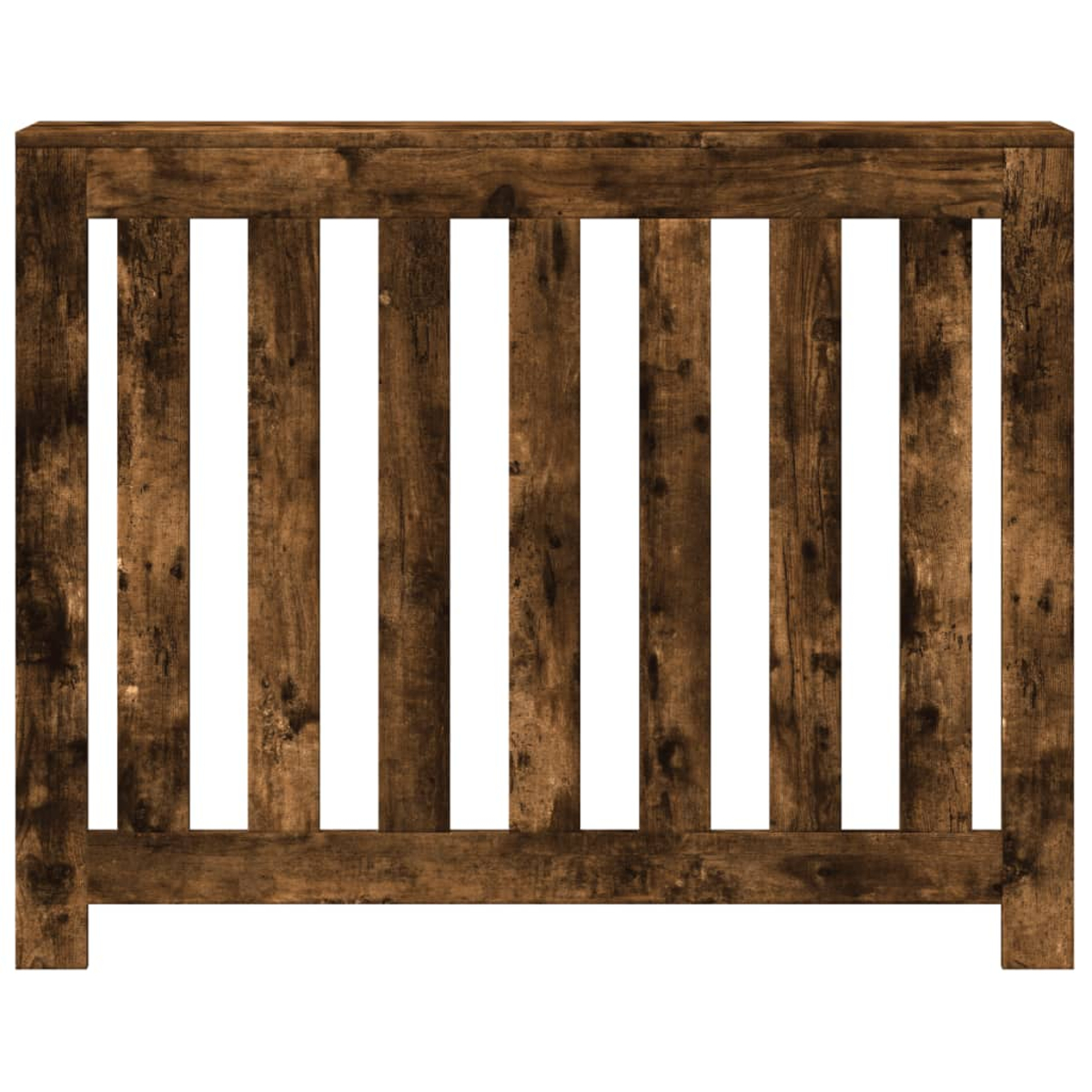 Ein rustikales Holzgitter mit vertikalen Latten und weißem Hintergrund.