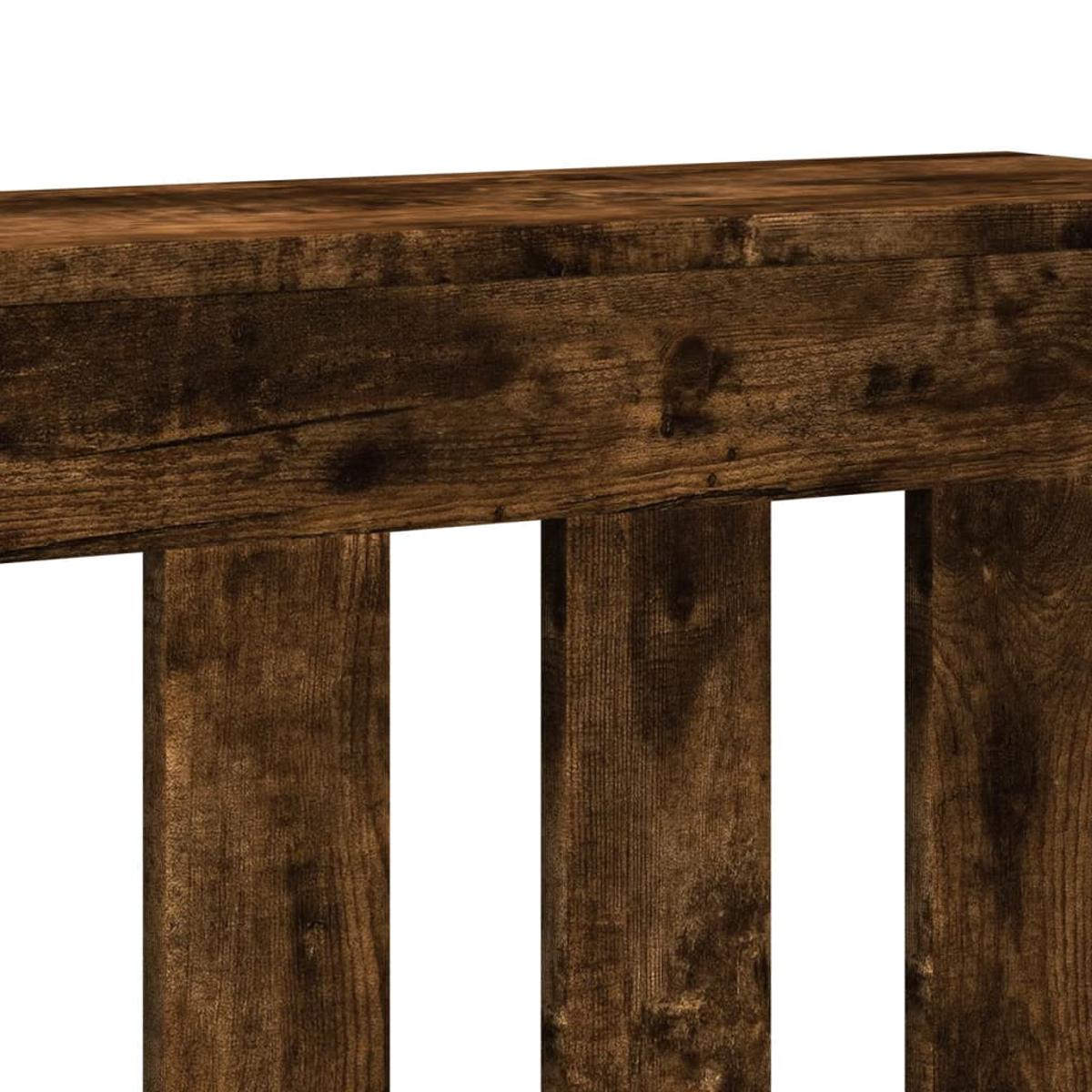 Drei vertikale Holzplanken unter einer dunklen Holzoberfläche.