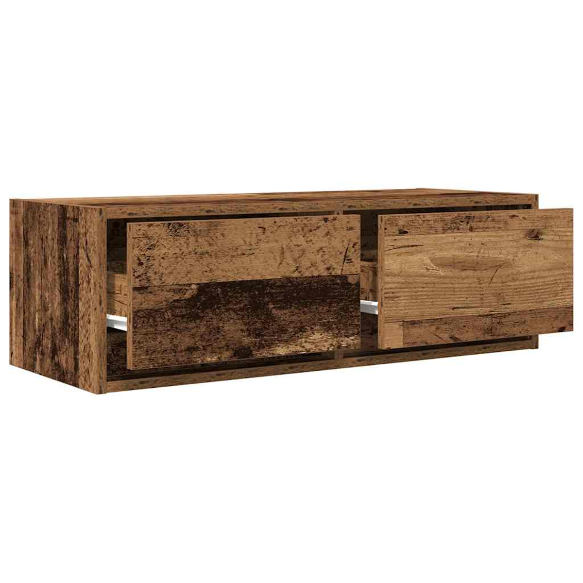 Ein hölzerner TV-Schrank mit zwei Schubladen, eine offen.
