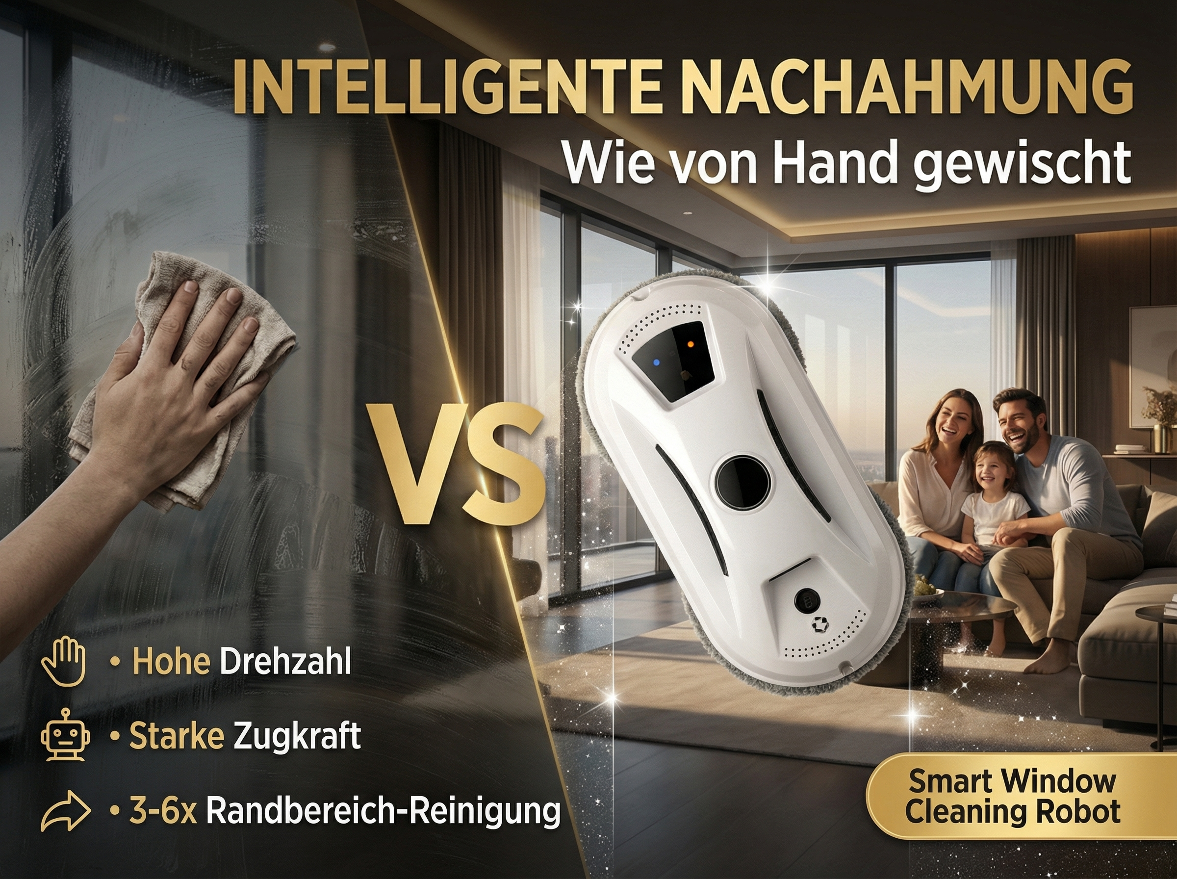 Vergleich: Handreinigung vs. intelligenter Fensterreinigungsroboter.