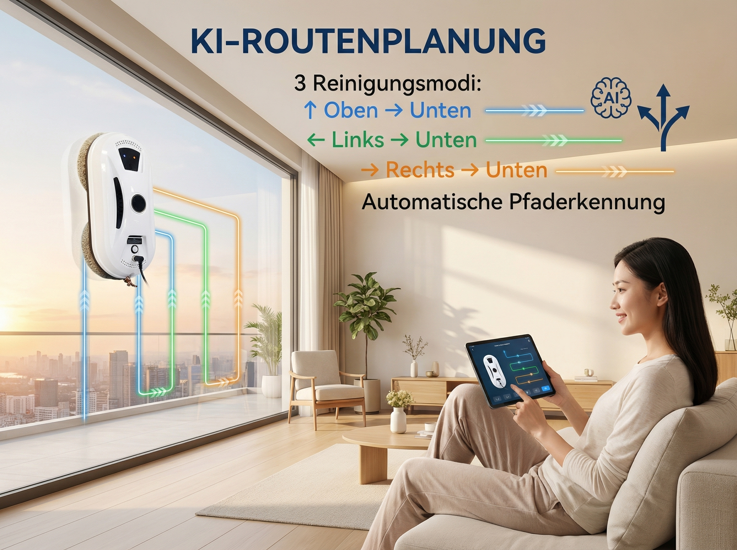 Ein Roboter-Fensterreiniger haftet an einem Fenster, gesteuert von einer Frau mit einem Tablet.