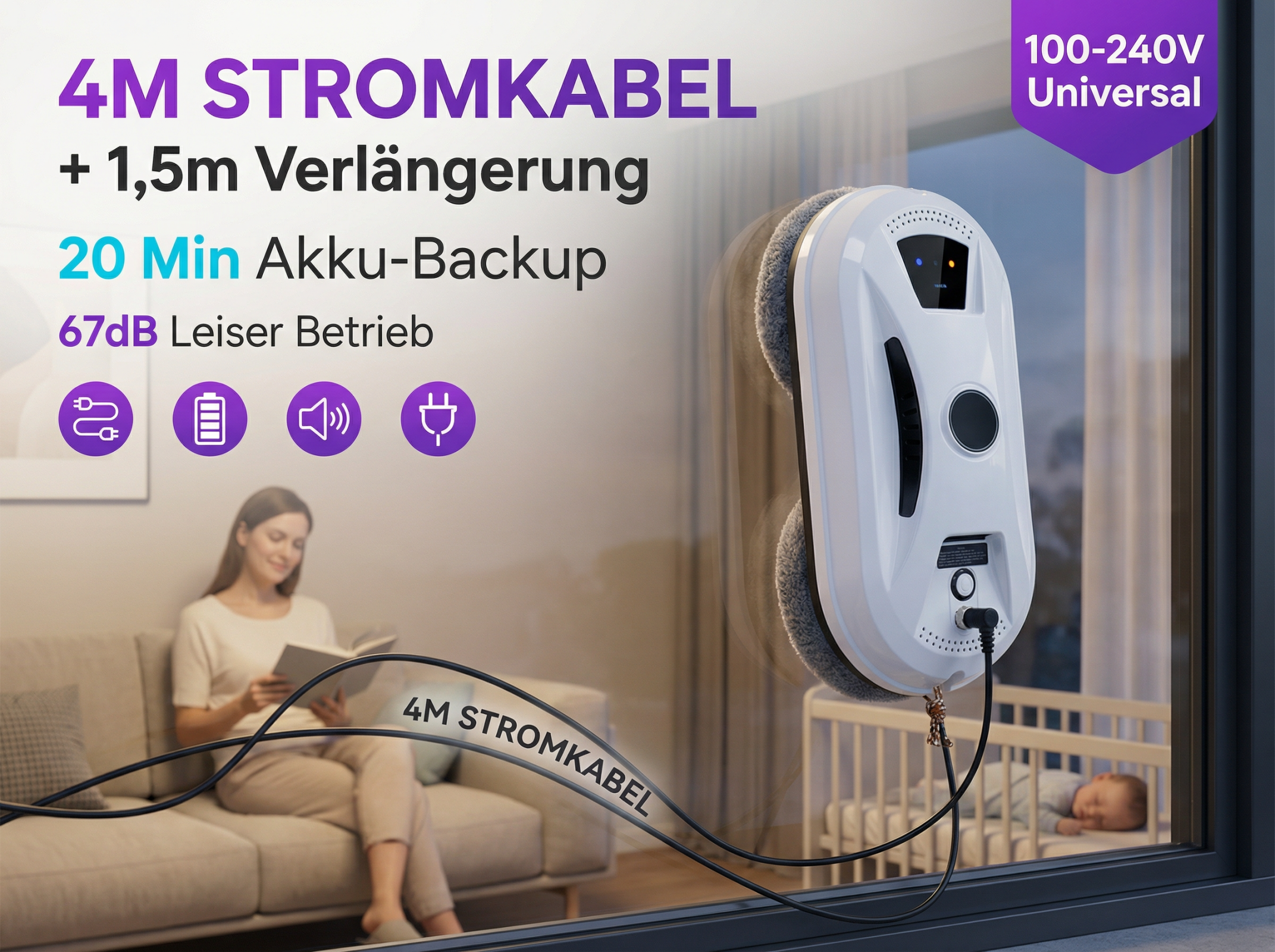 Fensterreinigungsroboter an der Scheibe, Frau liest drinnen. 4m Kabel.