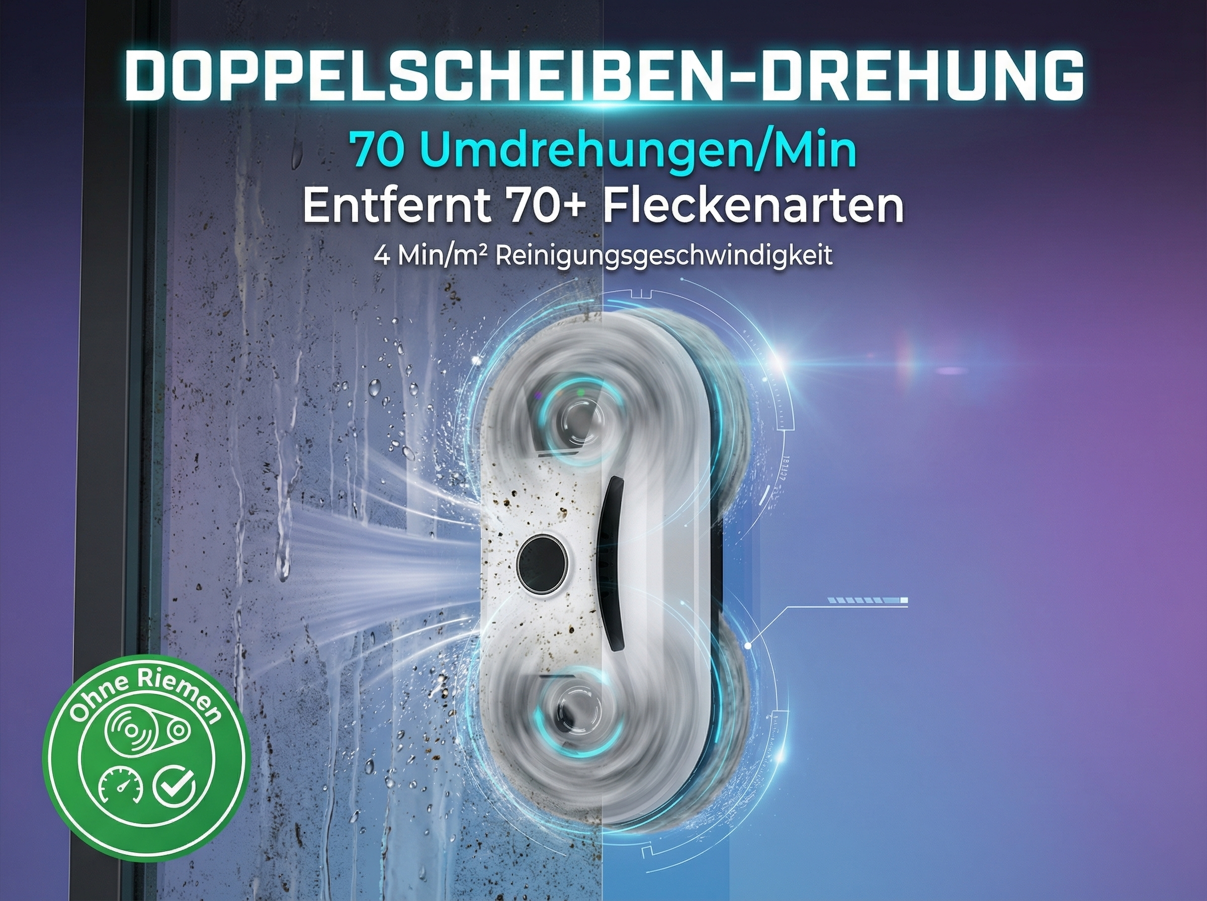 Ein Saugroboter reinigt ein schmutziges Fenster mit rotierenden Scheiben.