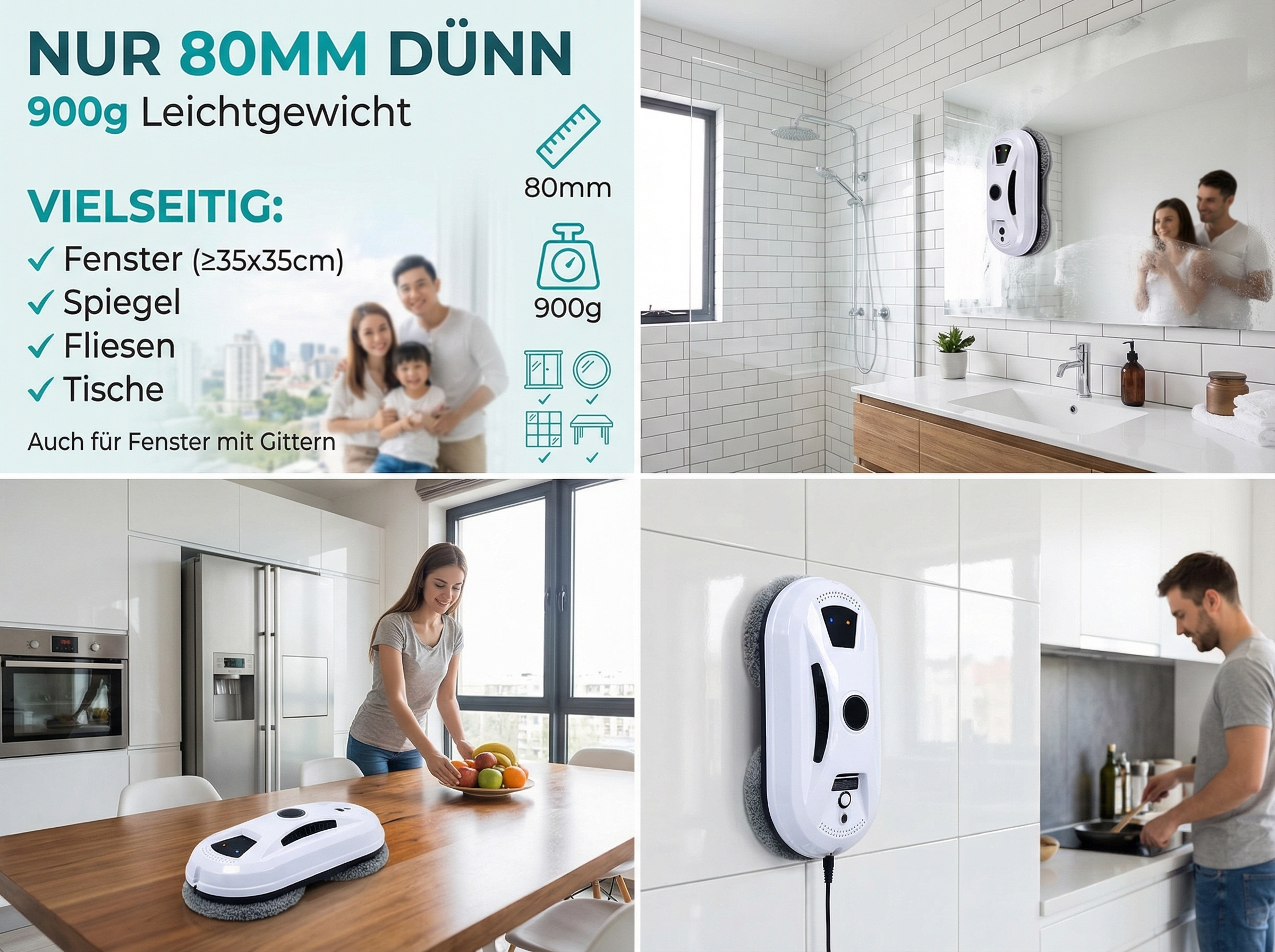Ein weißer Fensterreinigungsroboter auf einer Wand, ein Mann kocht in der Küche.