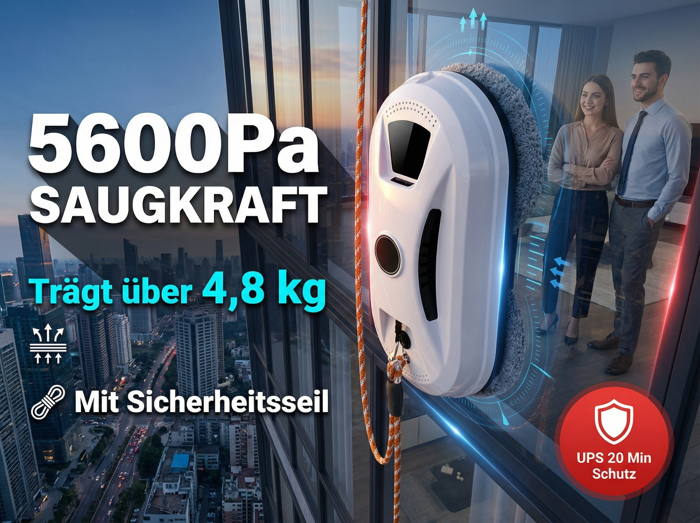 Fensterreinigungsroboter mit 5600Pa Saugkraft, trägt 4,8kg, mit Sicherheitsseil.