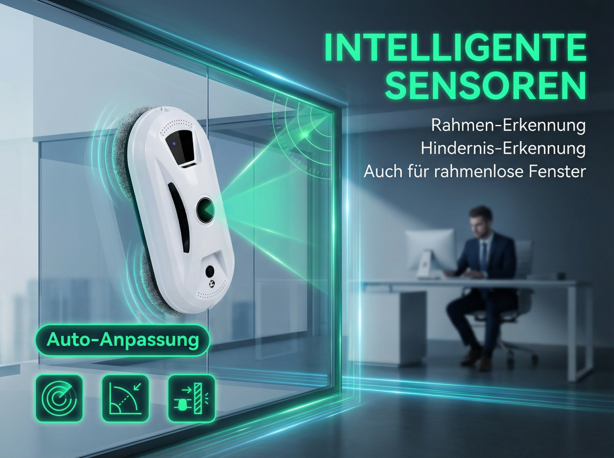 Ein weißer Fensterputzroboter reinigt ein Glasfenster mit grünen Lichtern.