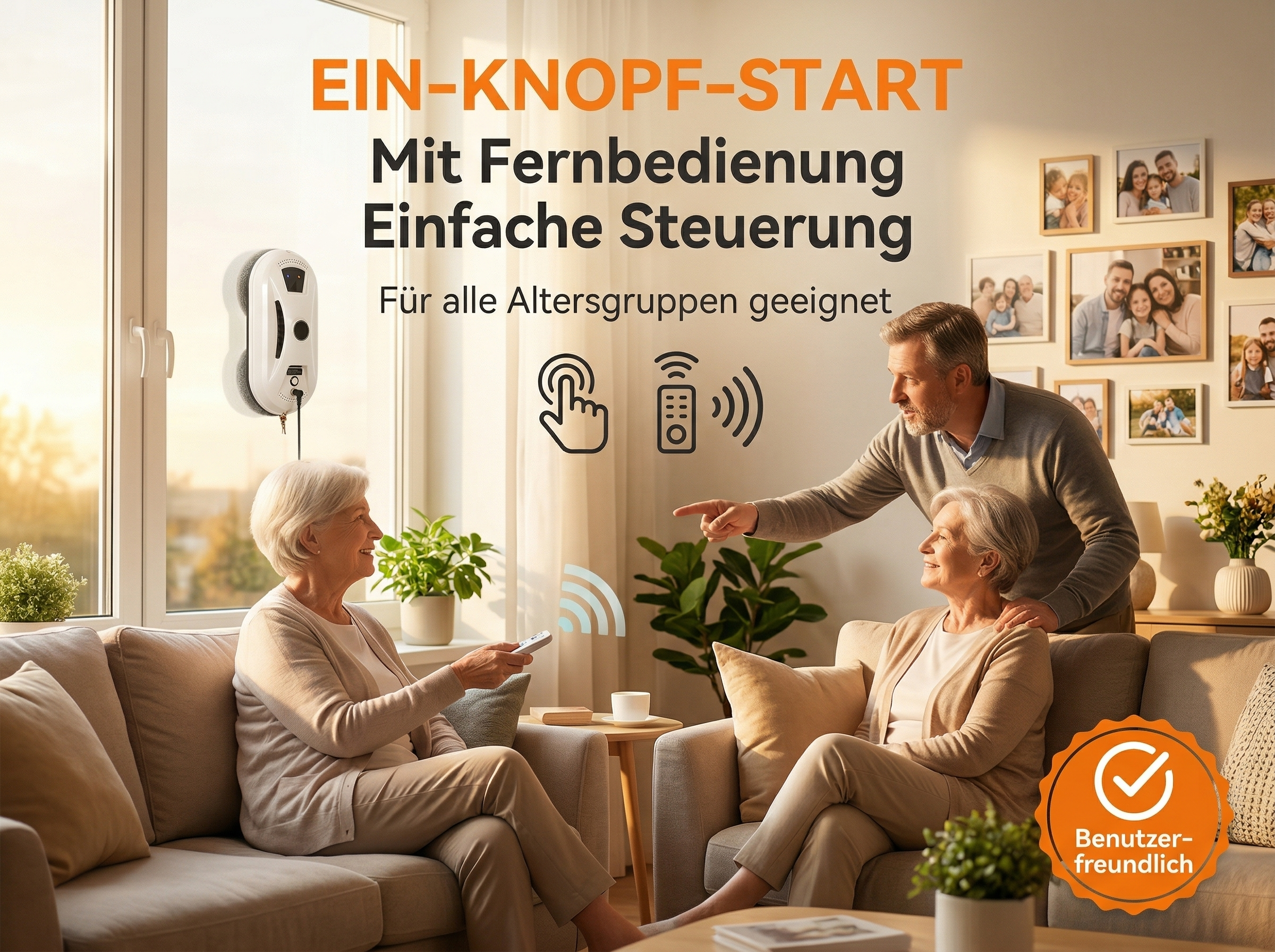 Ein Roboter reinigt ein Fenster, während zwei ältere Frauen und ein Mann im Wohnzimmer sitzen.