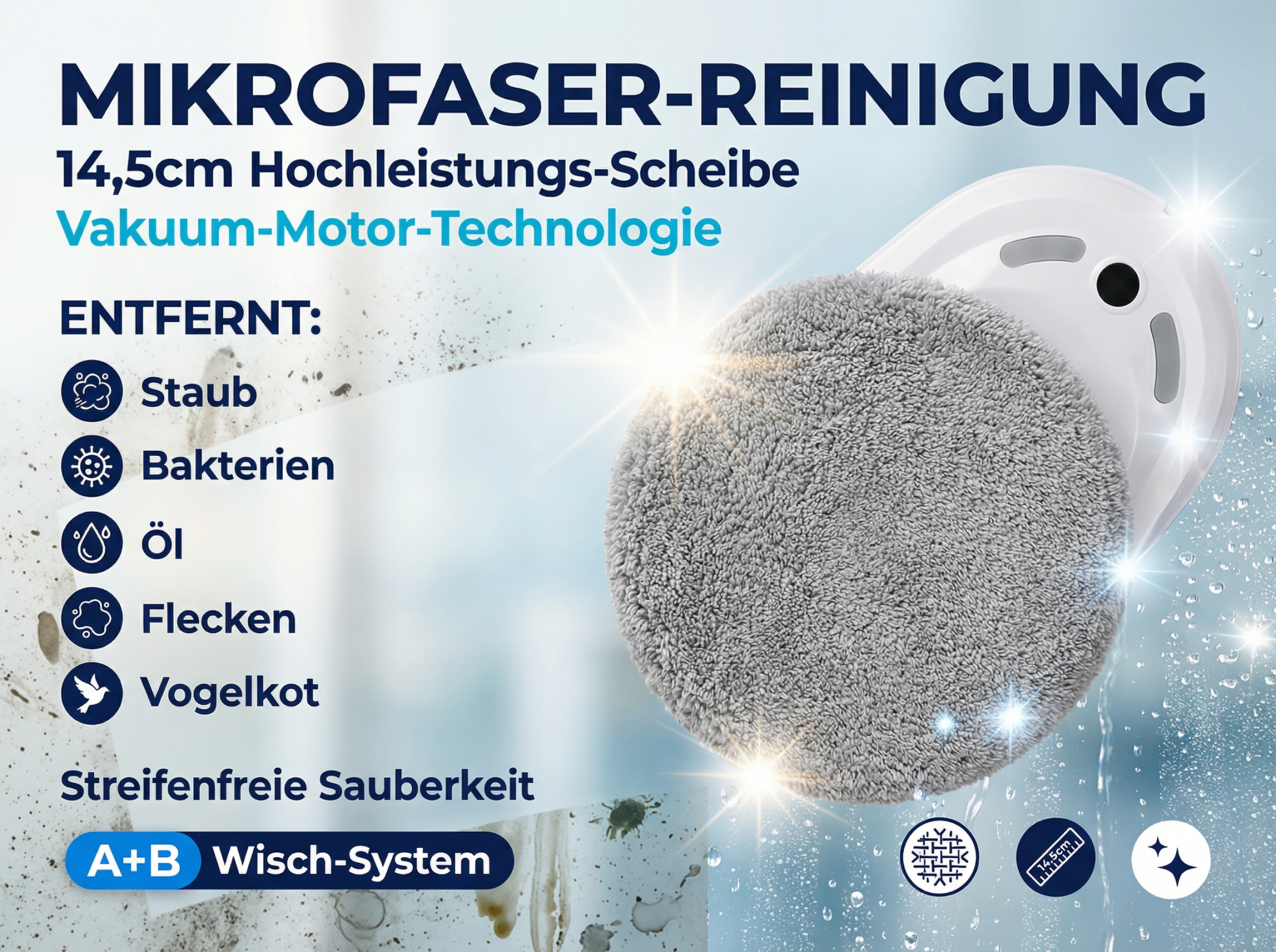 Ein Mikrofaser-Reinigungsgerät mit Vakuum-Motor entfernt Staub, Bakterien, Öl, Flecken und Vogelkot.