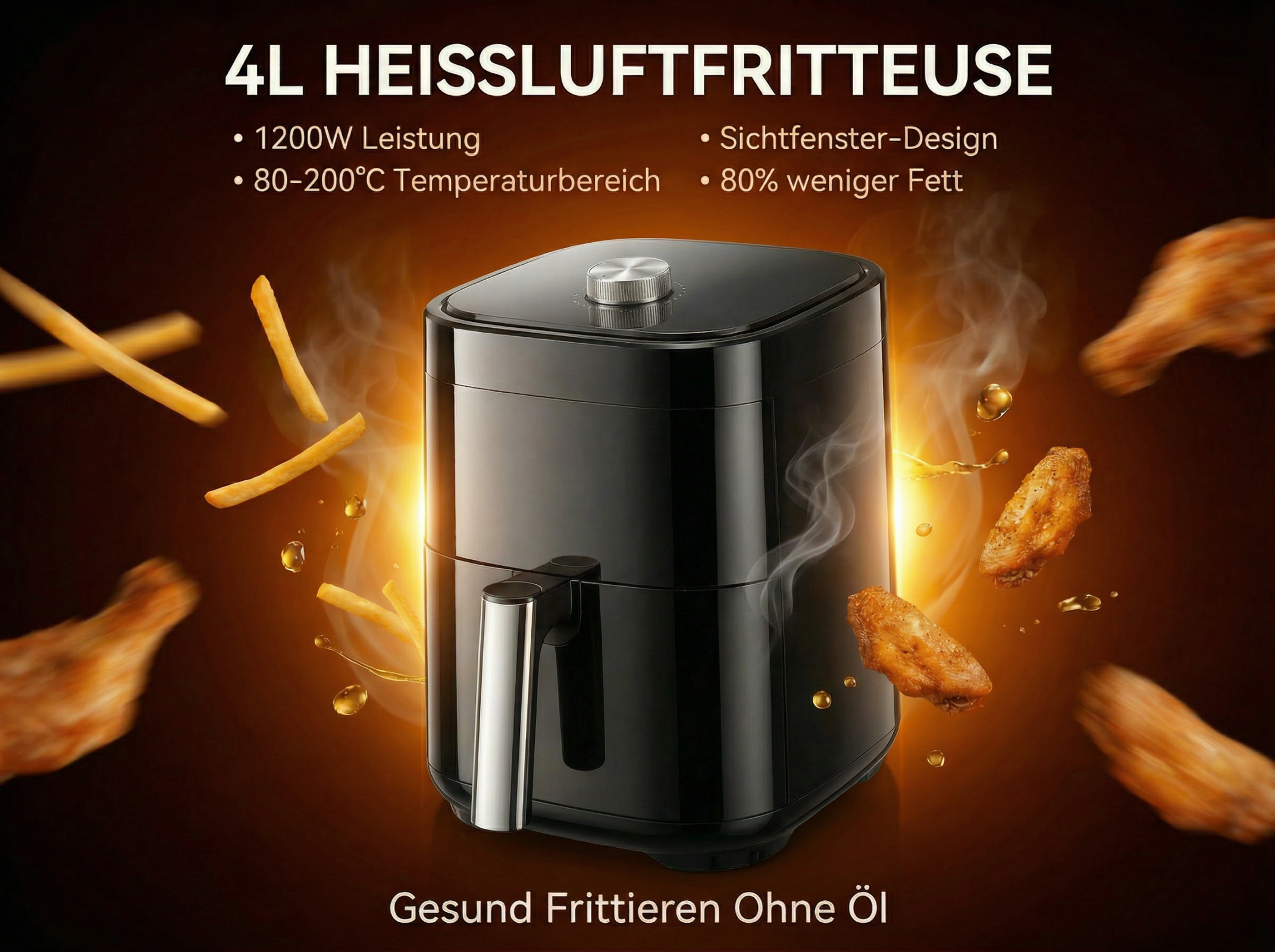 Schwarze Heißluftfritteuse mit Pommes und Hähnchenteilen im Flug.