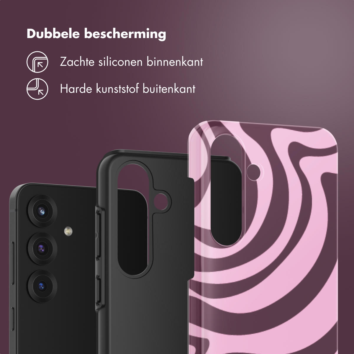 Drie telefoonhoesjes: één zwarte met camera, één zwarte beschermhoes, één roze en bruin gemarmerde hoes.