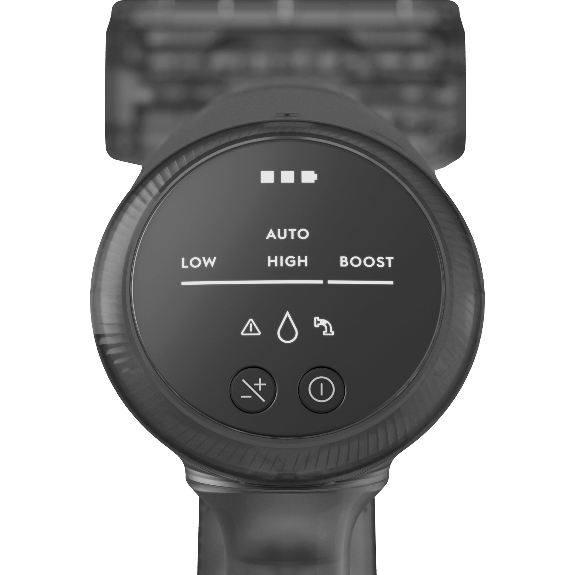 Manico di aspirapolvere con display digitale che mostra "LOW", "HIGH", "AUTO", "BOOST".