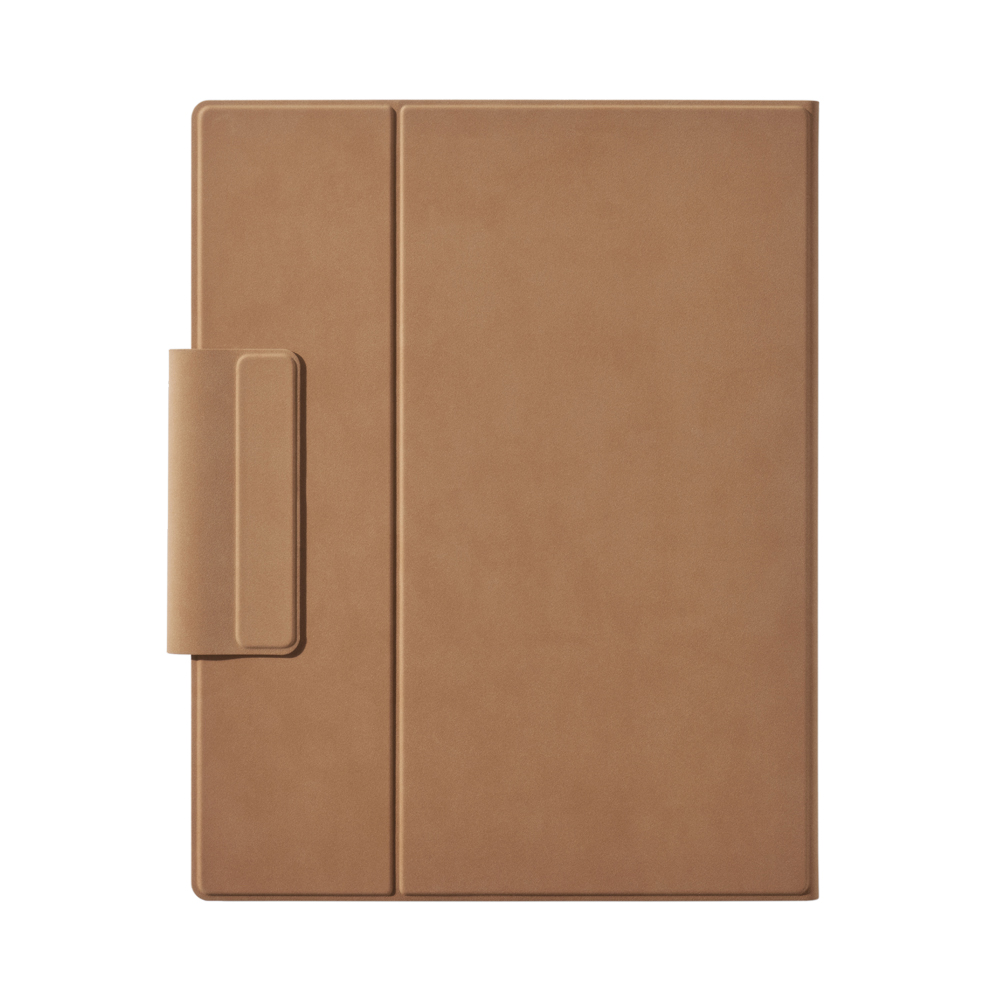 Una copertina marrone per tablet o libro, con una cinghia aggiuntiva.