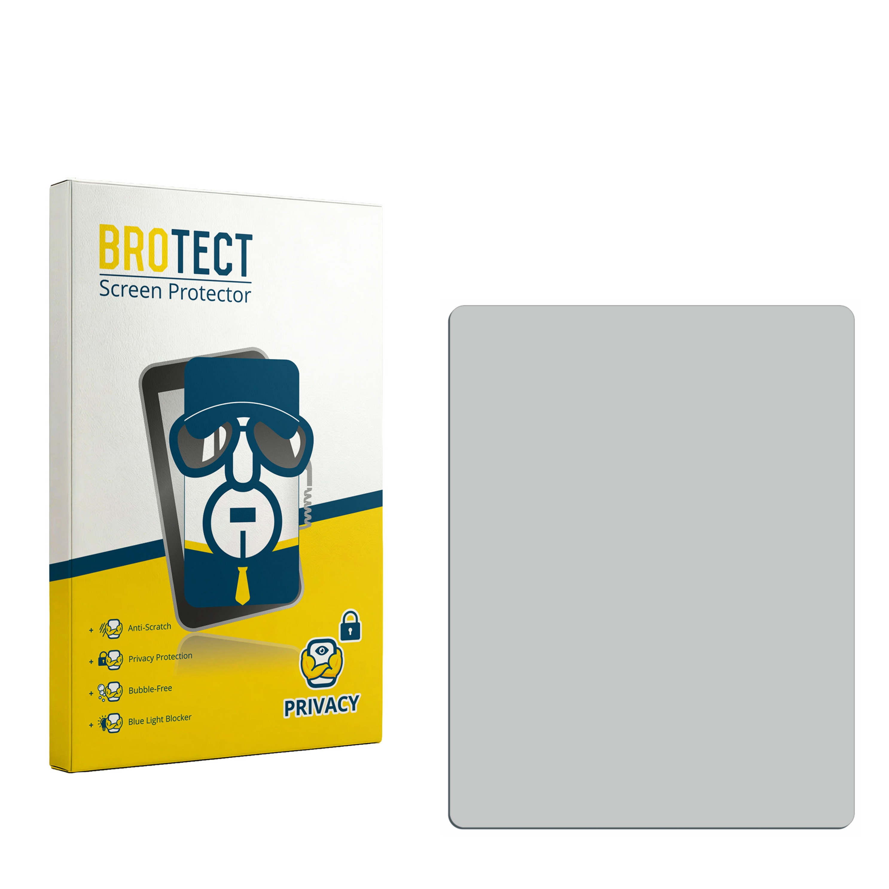 Verpackung für BROTECT Displayschutz mit Beschreibungen und einem grauen Schutzglas.