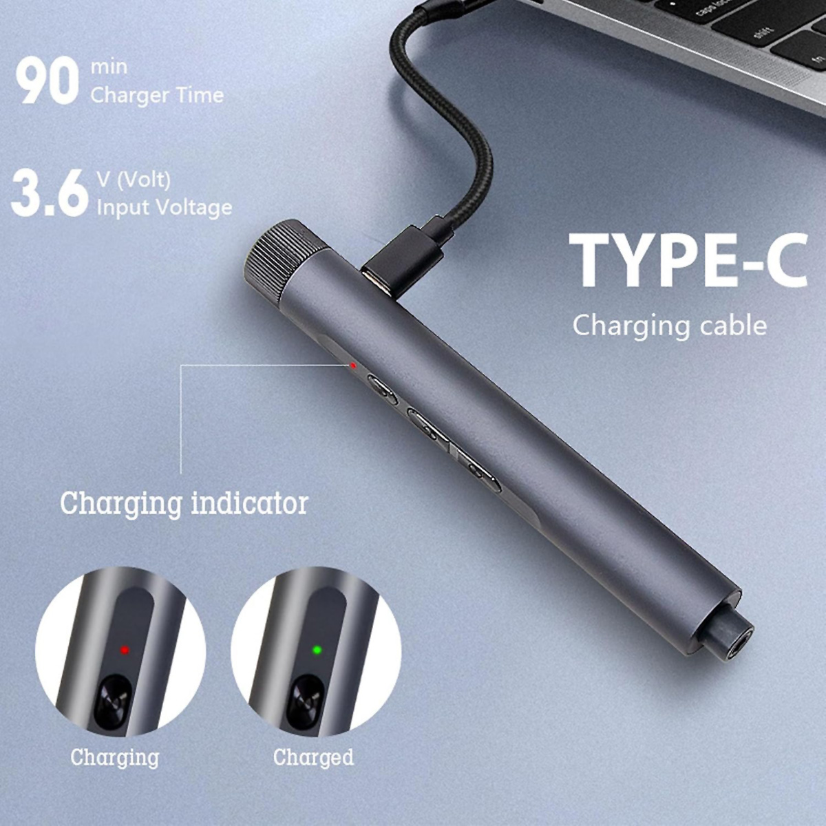 Mango de cable de carga Type-C gris con indicador, 90 min de carga, 3,6 V.