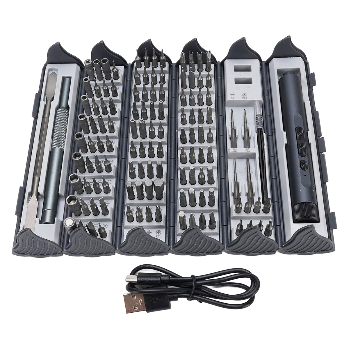 Una caja de herramientas con muchos puntas, un destornillador y un cable USB.