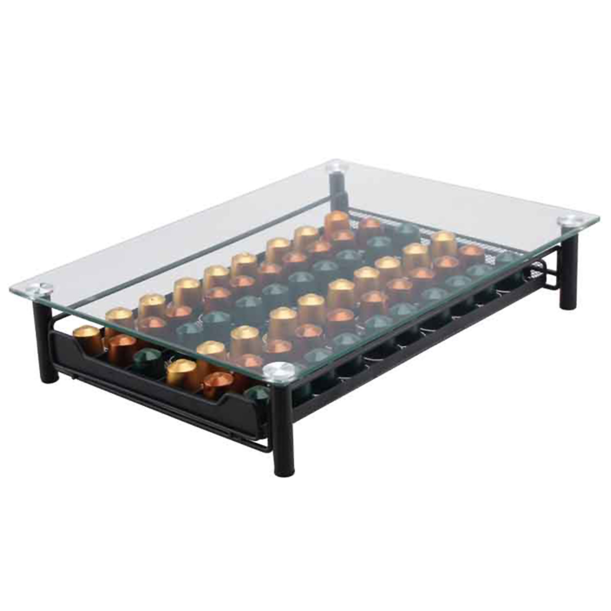 Un soporte negro de metal con tapa de cristal, que contiene muchas cápsulas de café.