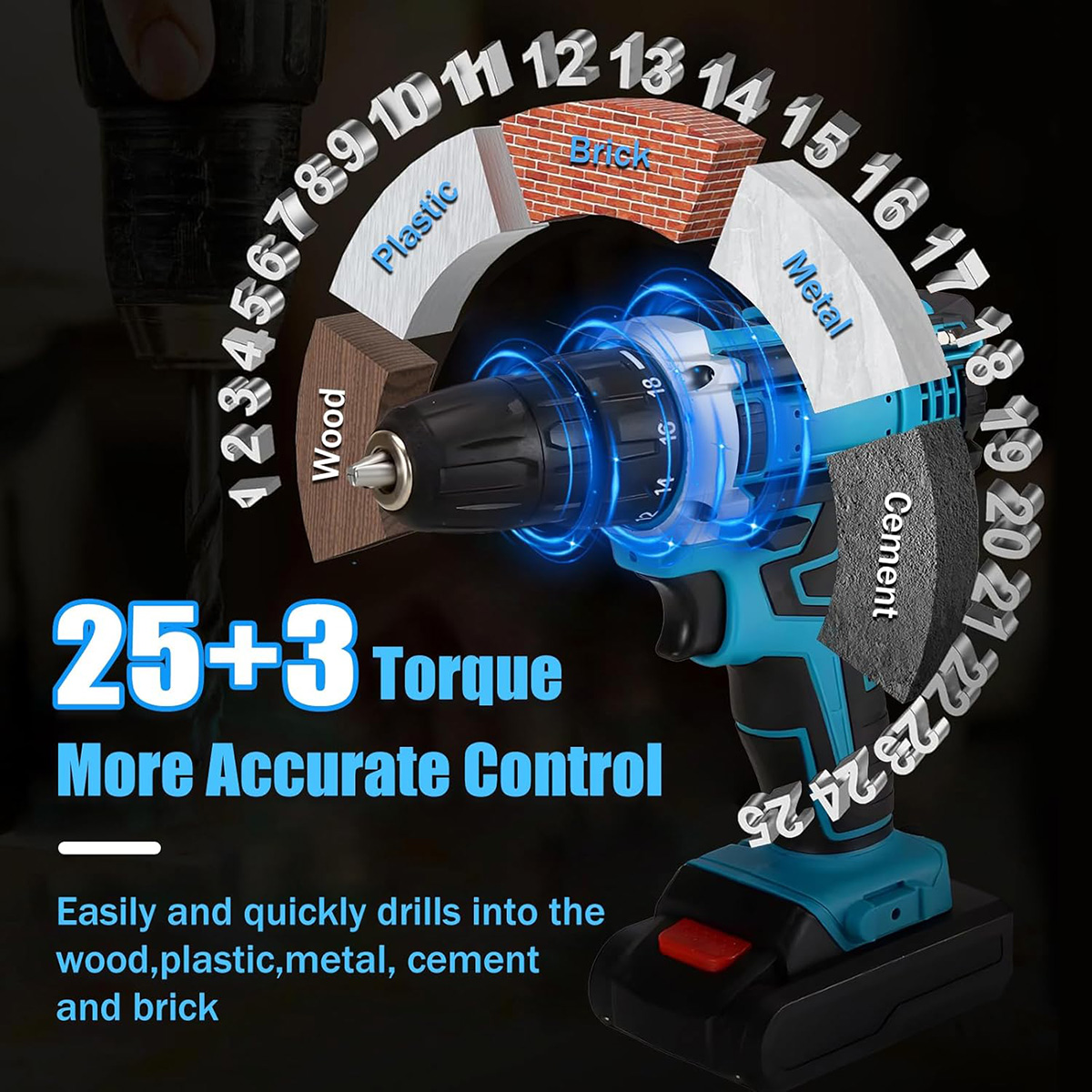 Taladro inalámbrico azul y negro con ajustes de torque para madera, plástico, metal, cemento, ladrillo.
