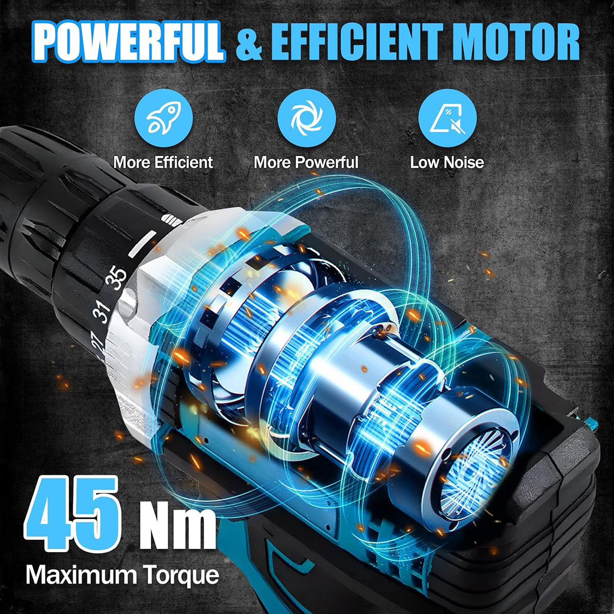 Primer plano del motor de taladro negro y turquesa, mostrando 45 Nm de torque máximo y características eficientes.