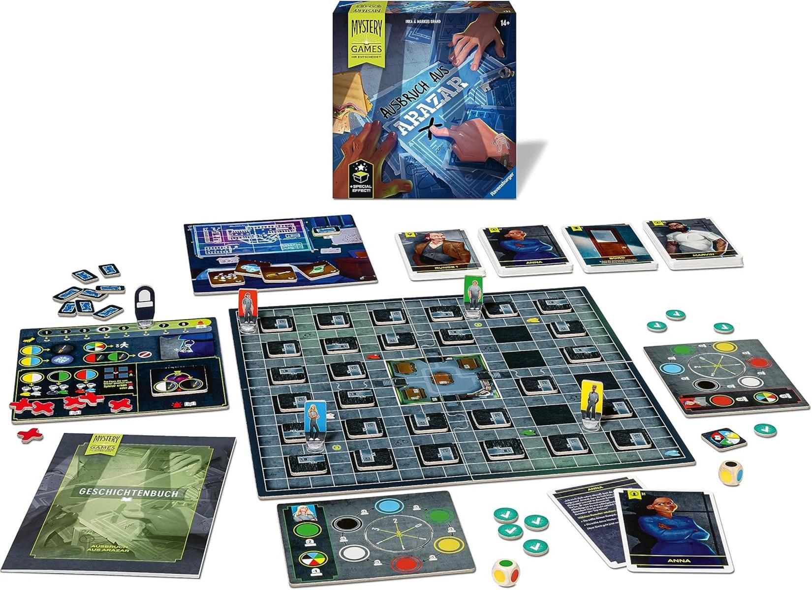 Brettspiel mit Spielbrett, Karten, Figuren und Zubehör auf weißem Hintergrund.