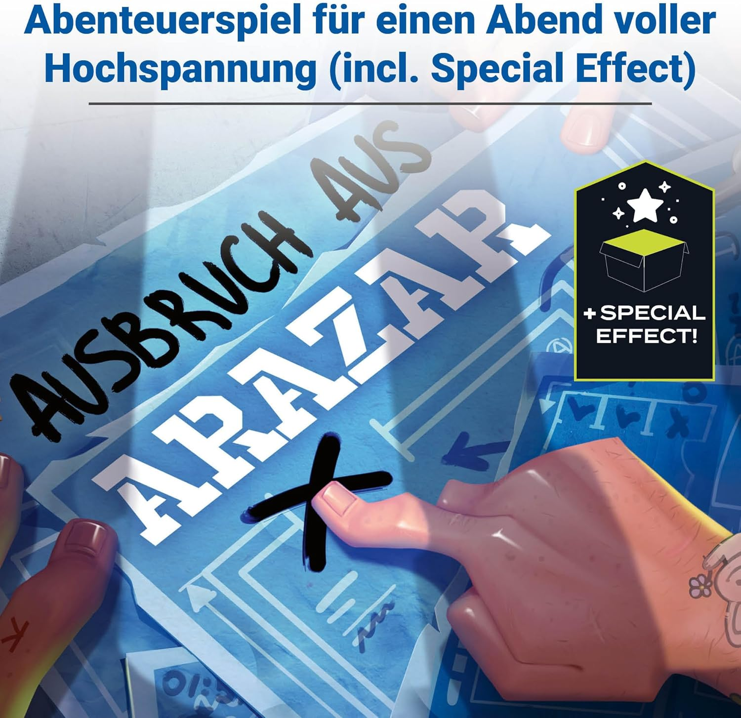 Hände markieren auf einem Spielplan mit 'AUSBRUCH AUS ARAZAR' und '+ SPECIAL EFFECT!'