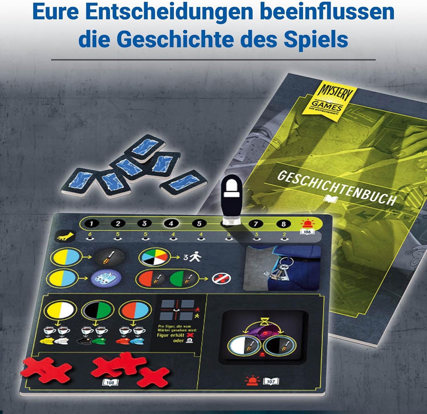 Spielbrett mit Spielkarten, Spielanleitung und roten Spielfiguren.