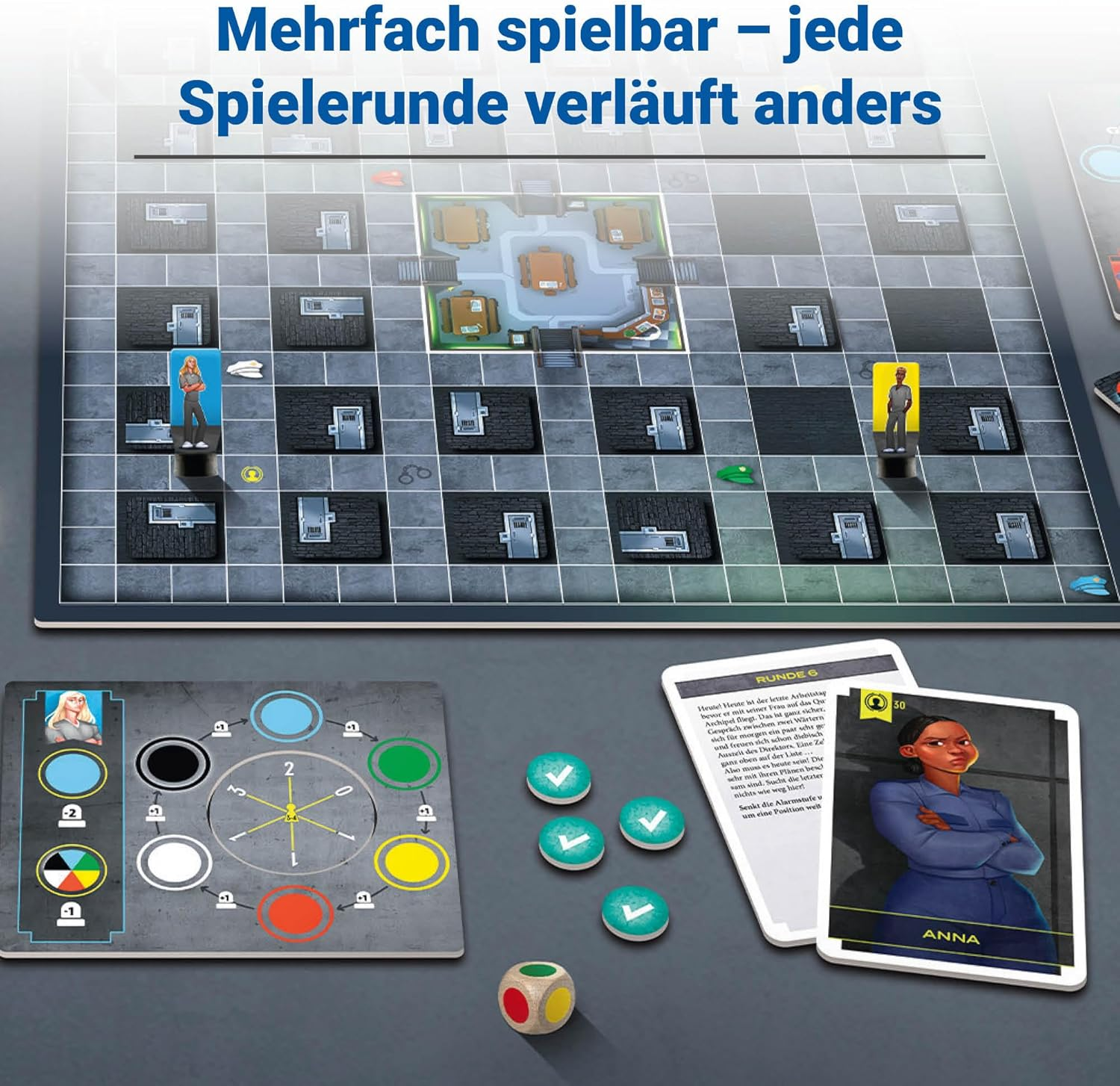 Brettspiel mit Spielfiguren, Karten, Würfel und Spielbrett.