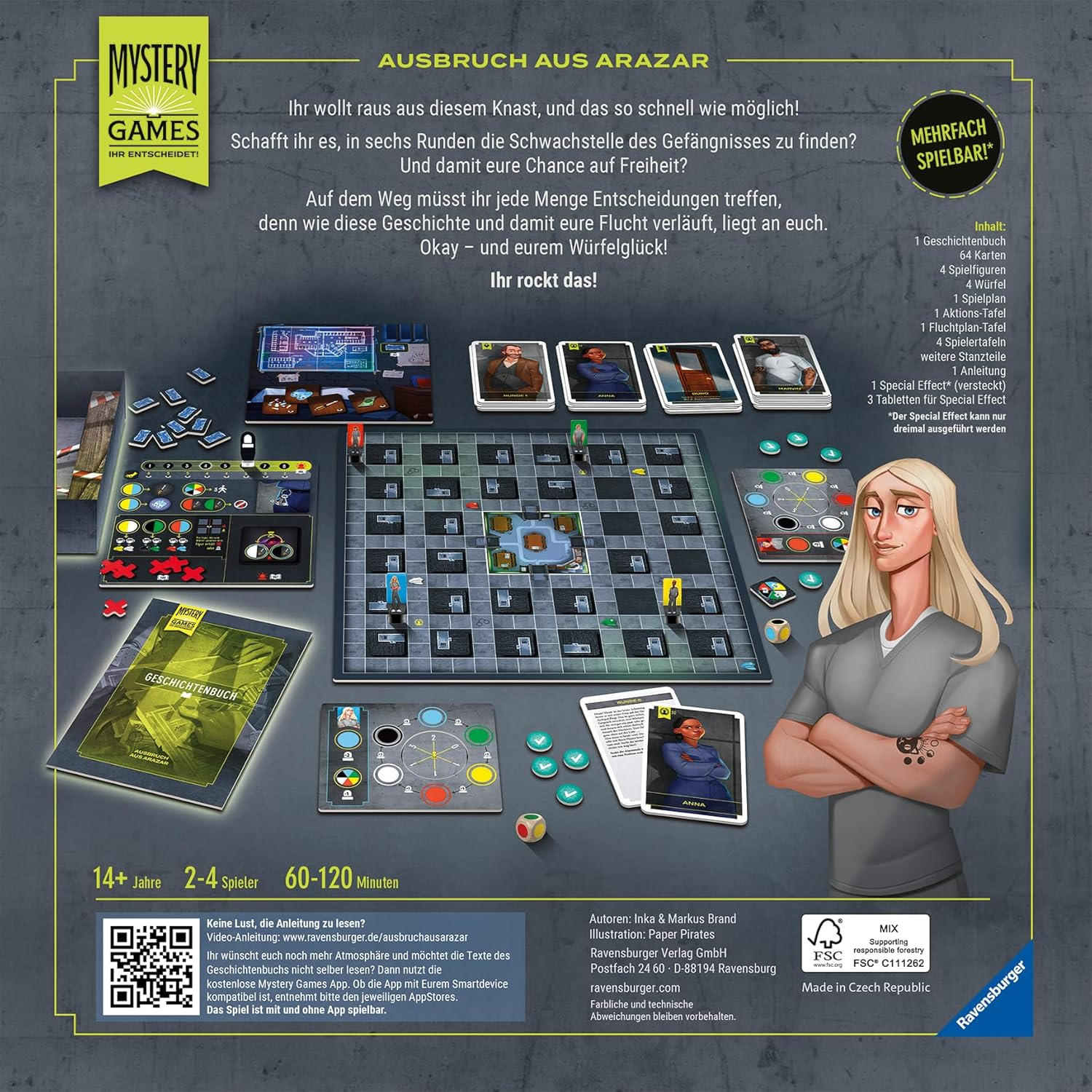 Mystery Games: Ausbruch aus Arazar Spieleschachtel. Spielbrett, Karten, Figuren, Würfel, Regelbuch.