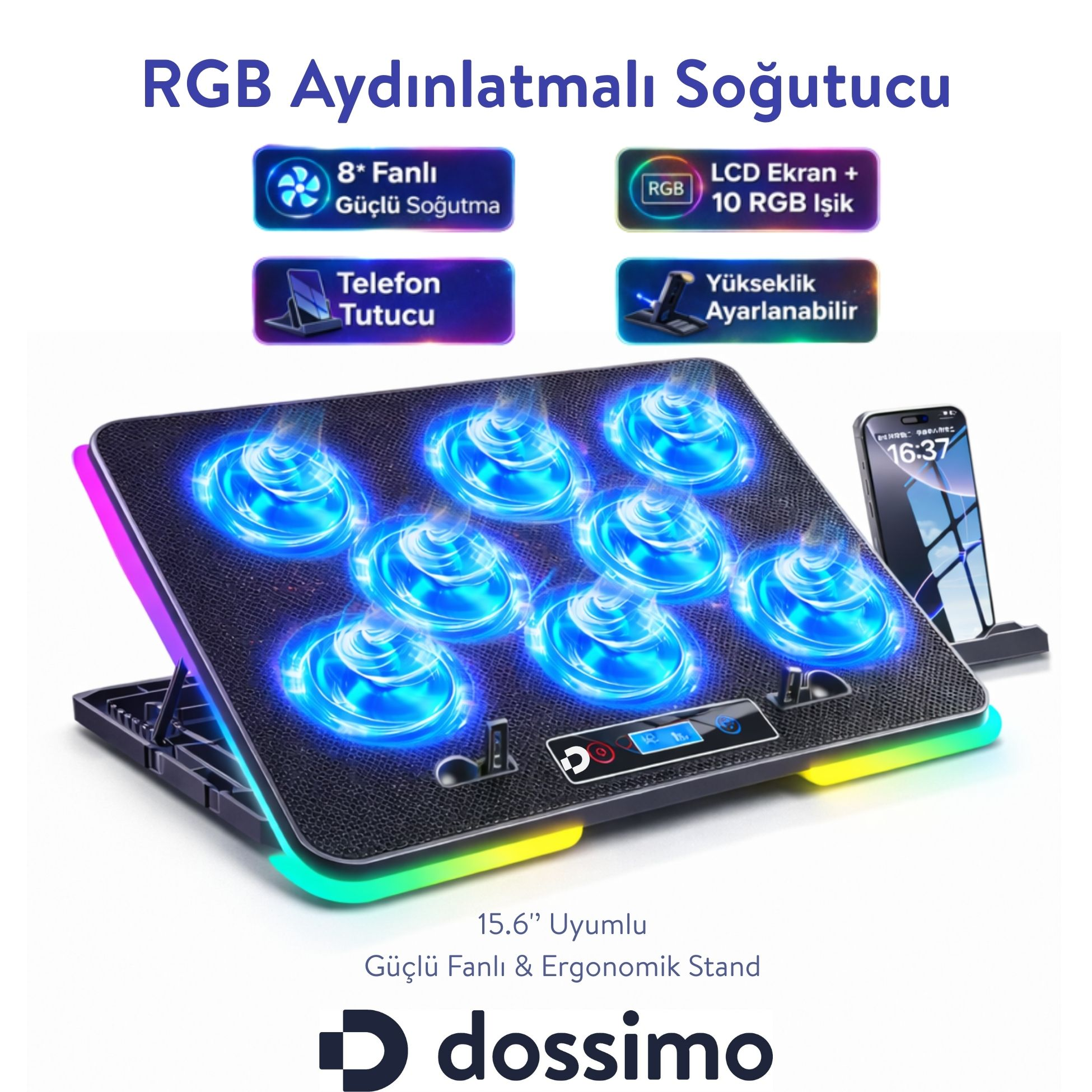8 mavi RGB fanlı ve akıllı telefon tutuculu dizüstü bilgisayar standı.