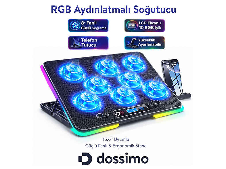 DOSSIMO Nitro RGB Işıklı 8 Fanlı LCD Göstergeli 2 Usb Girişli Yükselebilen S23 Fan