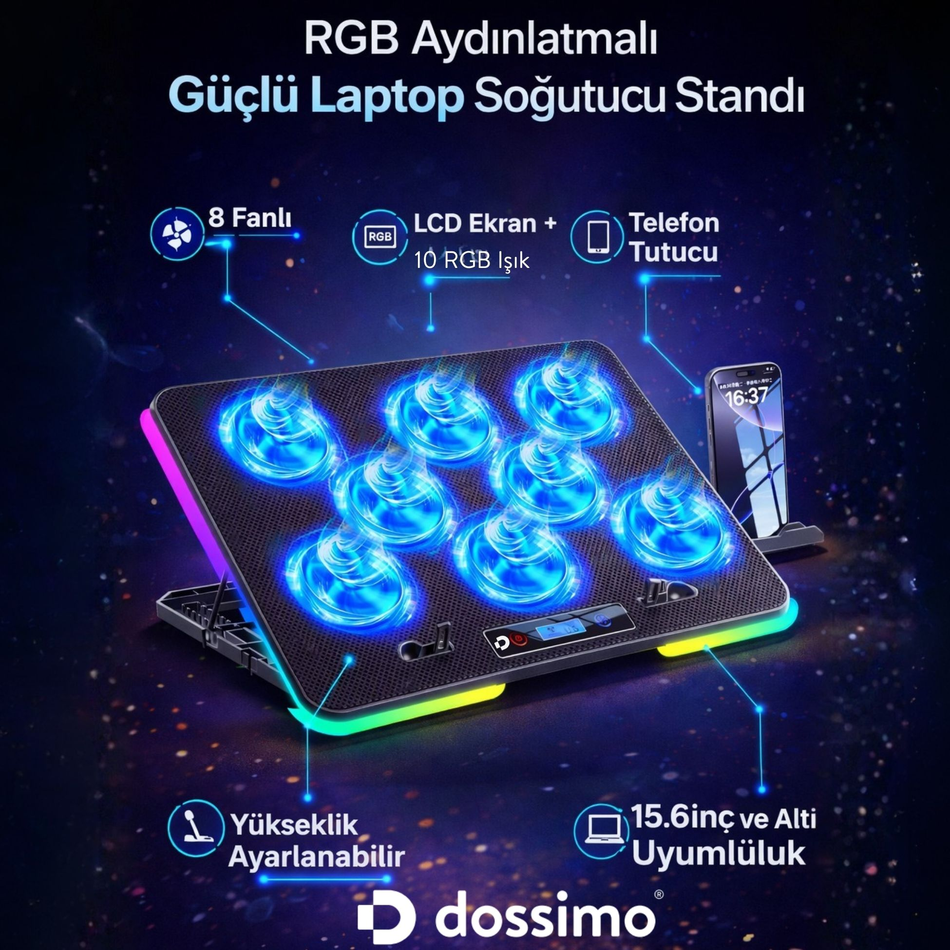 8 fanlı, RGB aydınlatmalı, LCD ekranlı güçlü laptop soğutucu standı.