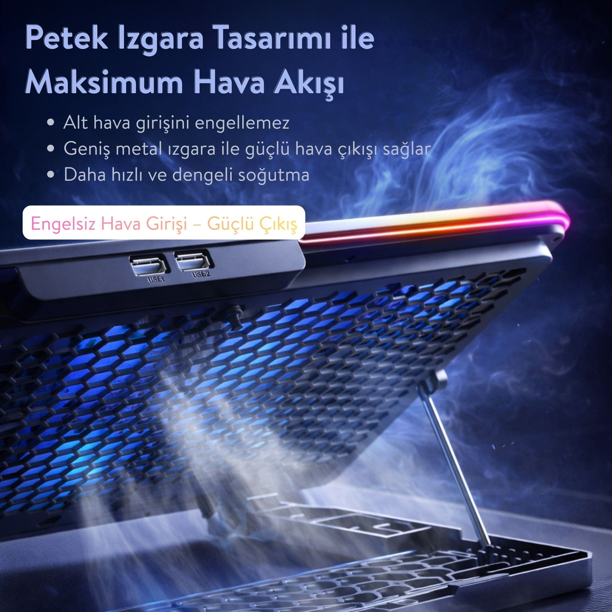 Bal peteği ızgaralı, mavi aydınlatmalı ve hava akışlı laptop standı.