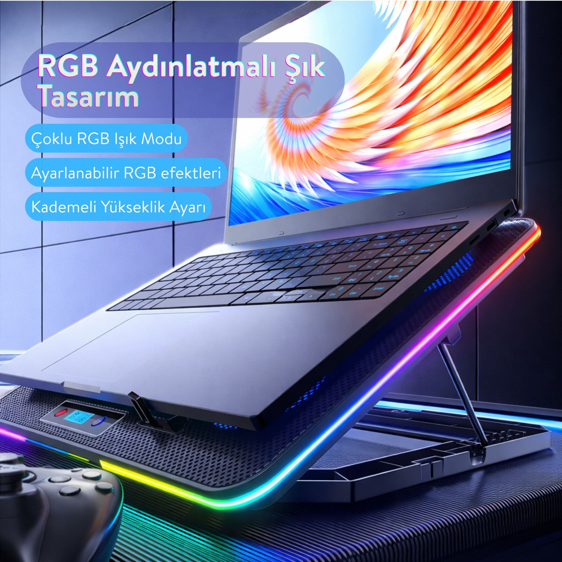 Bir kontrol cihazının önünde, RGB aydınlatmalı soğutma standında bir dizüstü bilgisayar.
