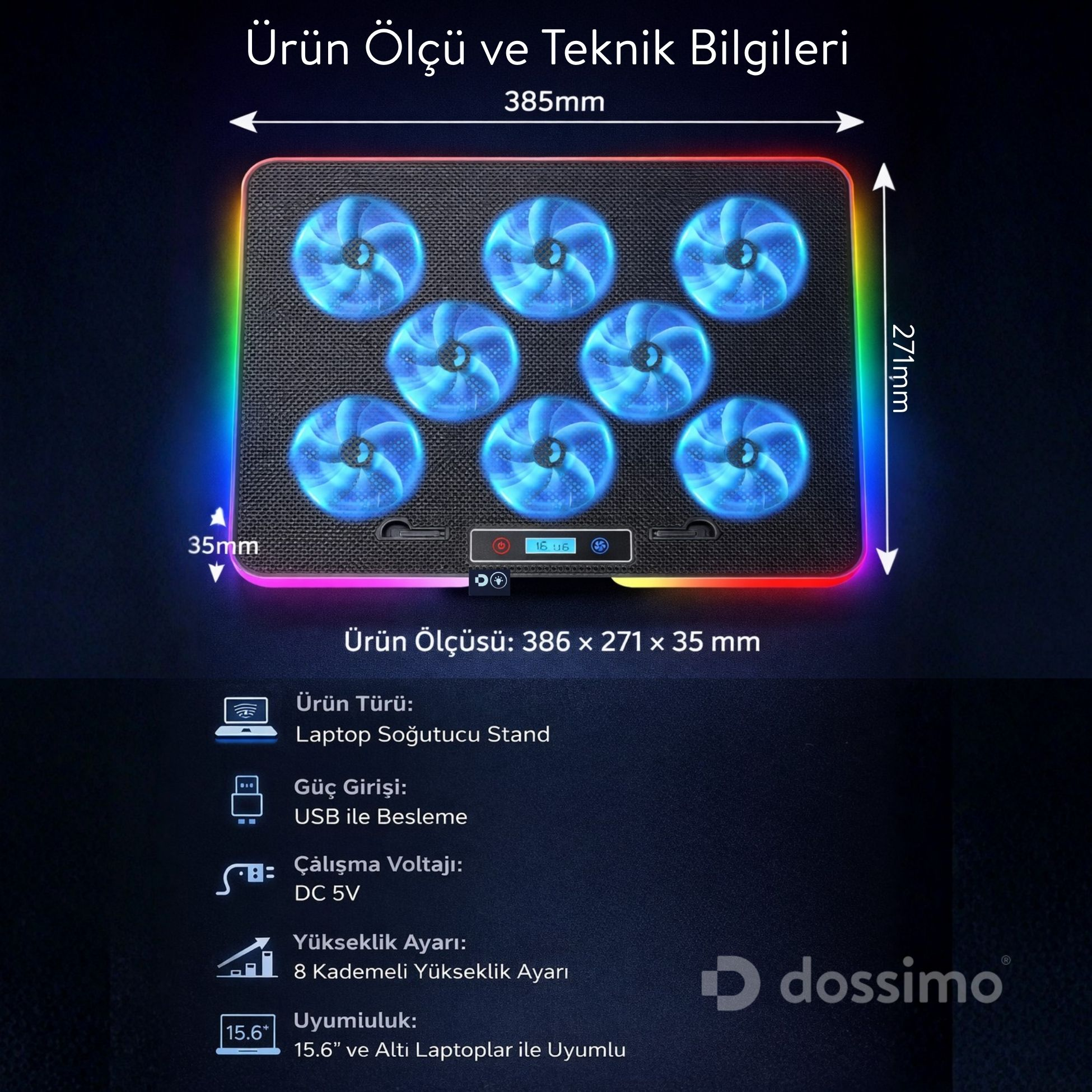 8 mavi fanlı, RGB aydınlatmalı ve ekranlı dizüstü bilgisayar soğutucu standı.