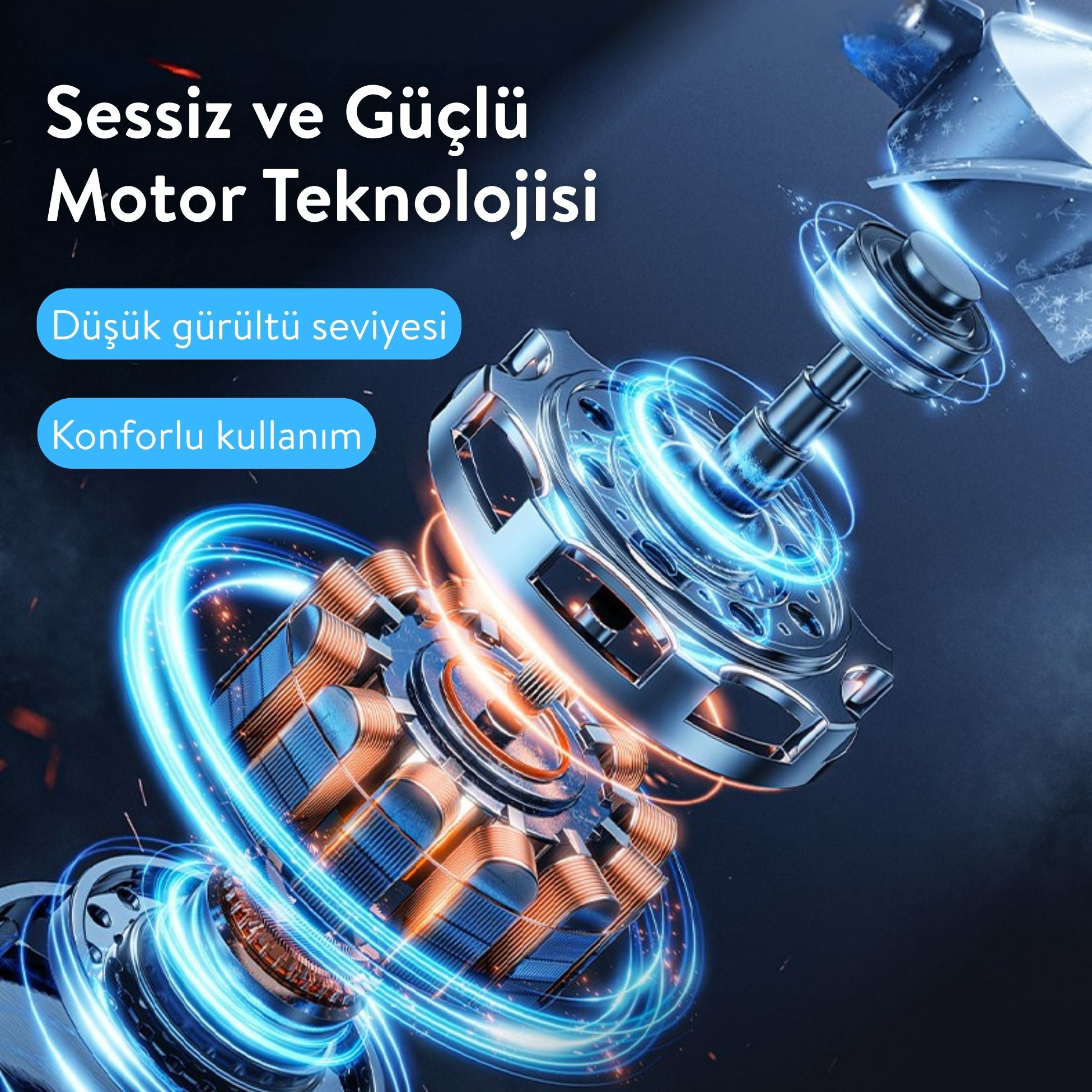 Mavi ve turuncu ışıklı detaylı motor. Sessiz ve güçlü.