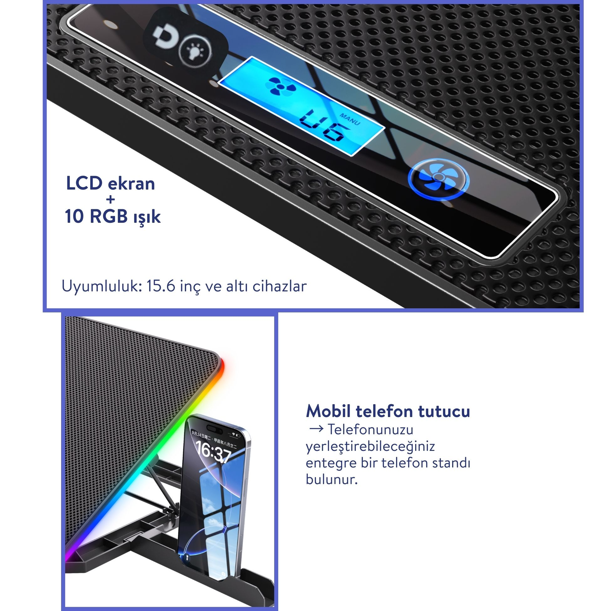 LCD ekranlı, RGB ışıklı ve entegre telefon tutuculu laptop standı.
