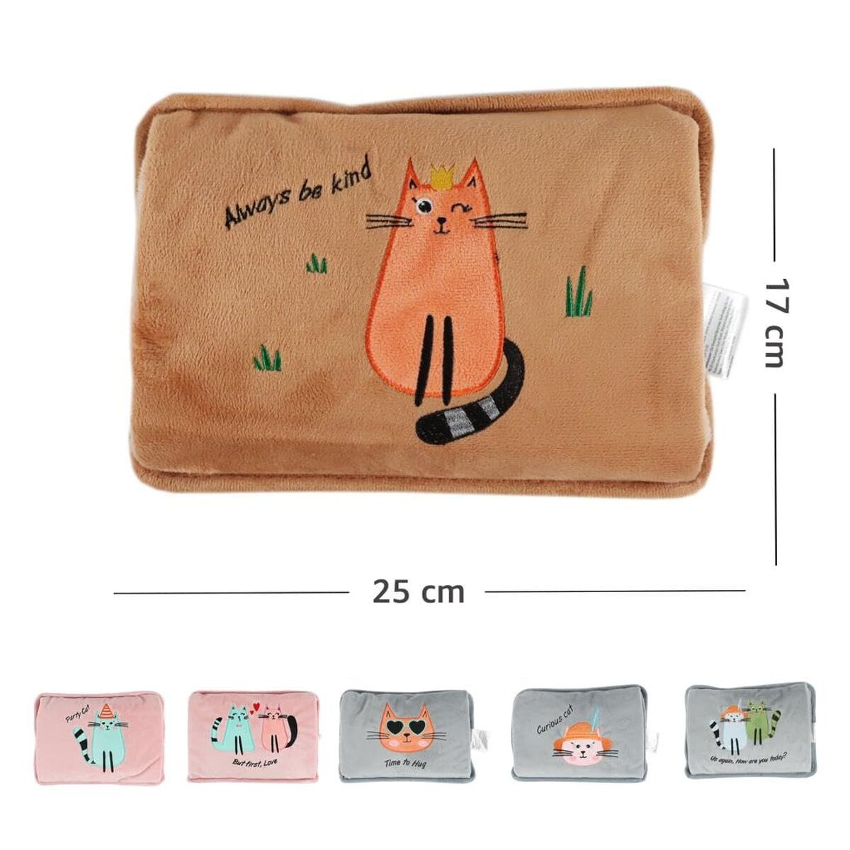 Funda de almohada marrón con bordado de gato naranja y texto.