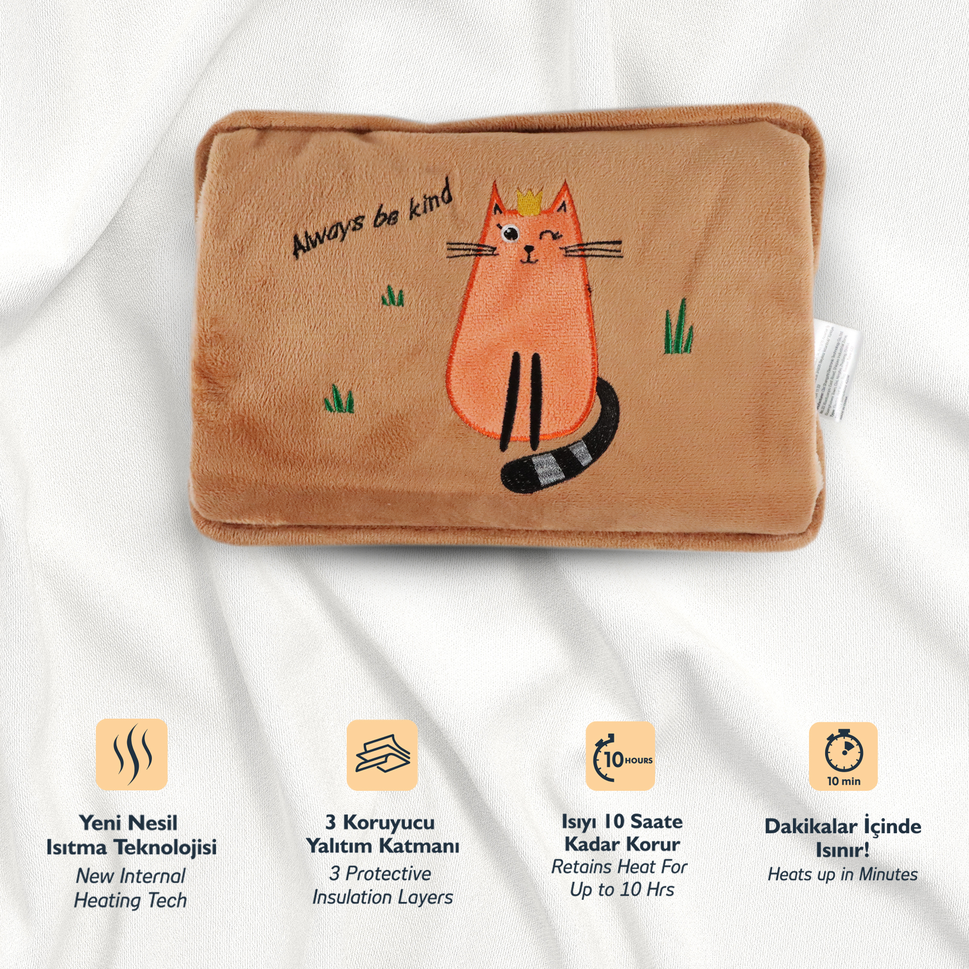 Una bolsa de calor marrón con diseño de gato naranja y texto 'Always be kind'.