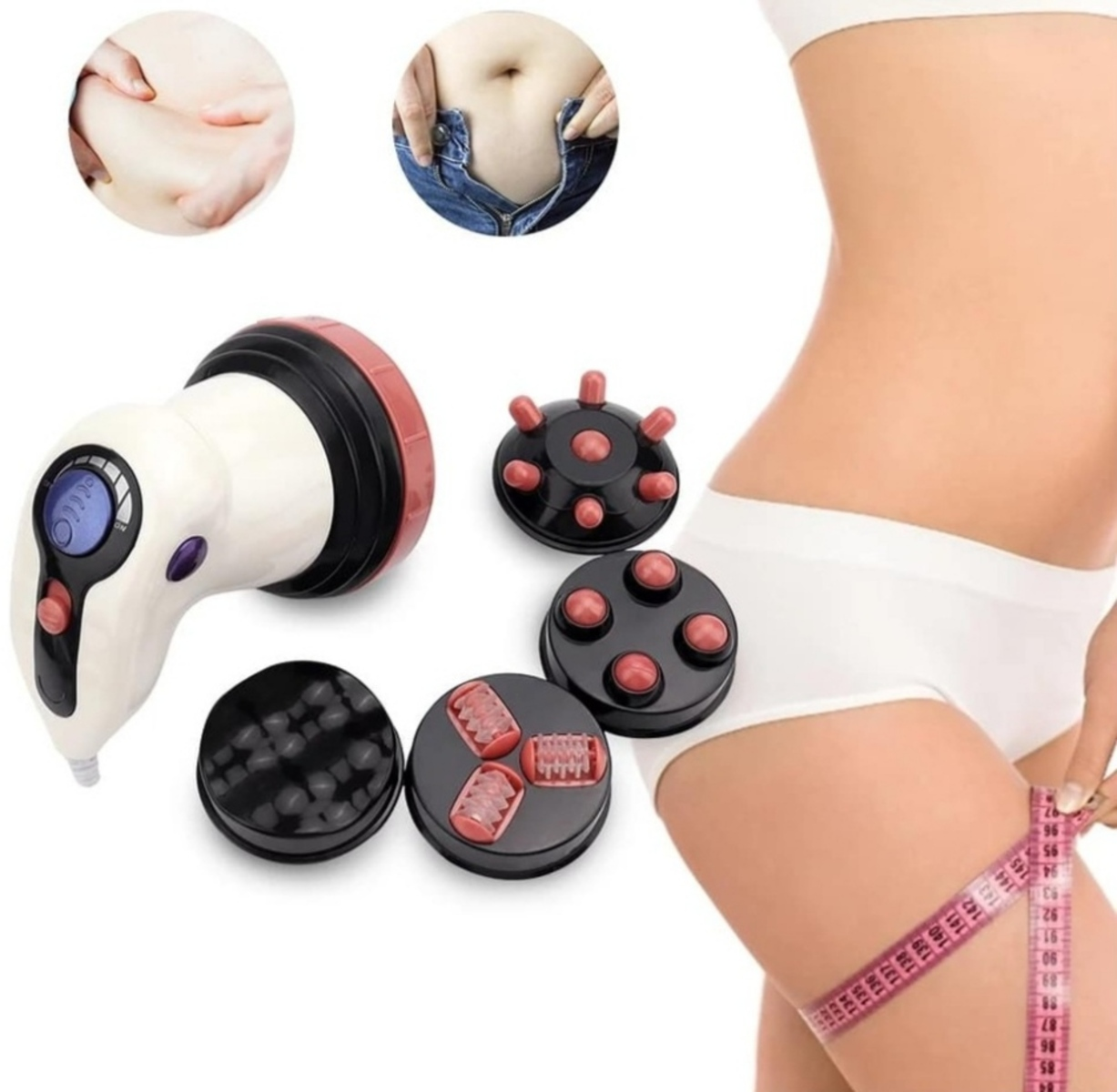Un masajeador con accesorios, al lado de una mujer midiéndose el muslo.