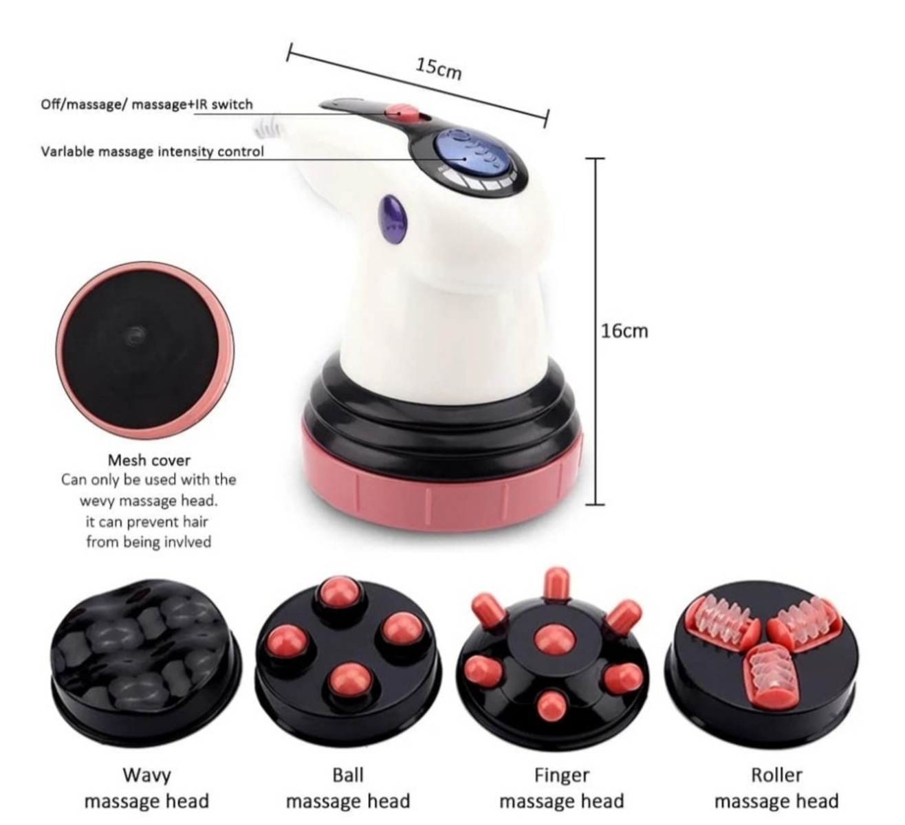Un dispositivo de masaje blanco y rosa con múltiples accesorios y dimensiones mostradas.