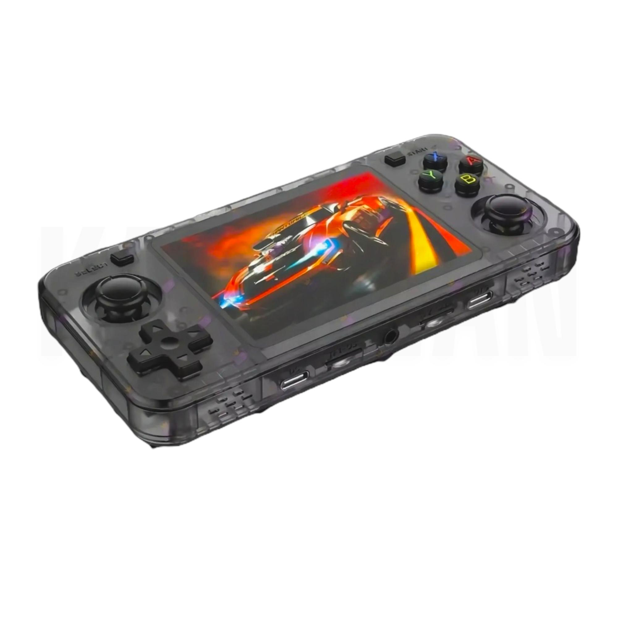 Un controlador de juegos portátil transparente con un coche de carreras en pantalla.