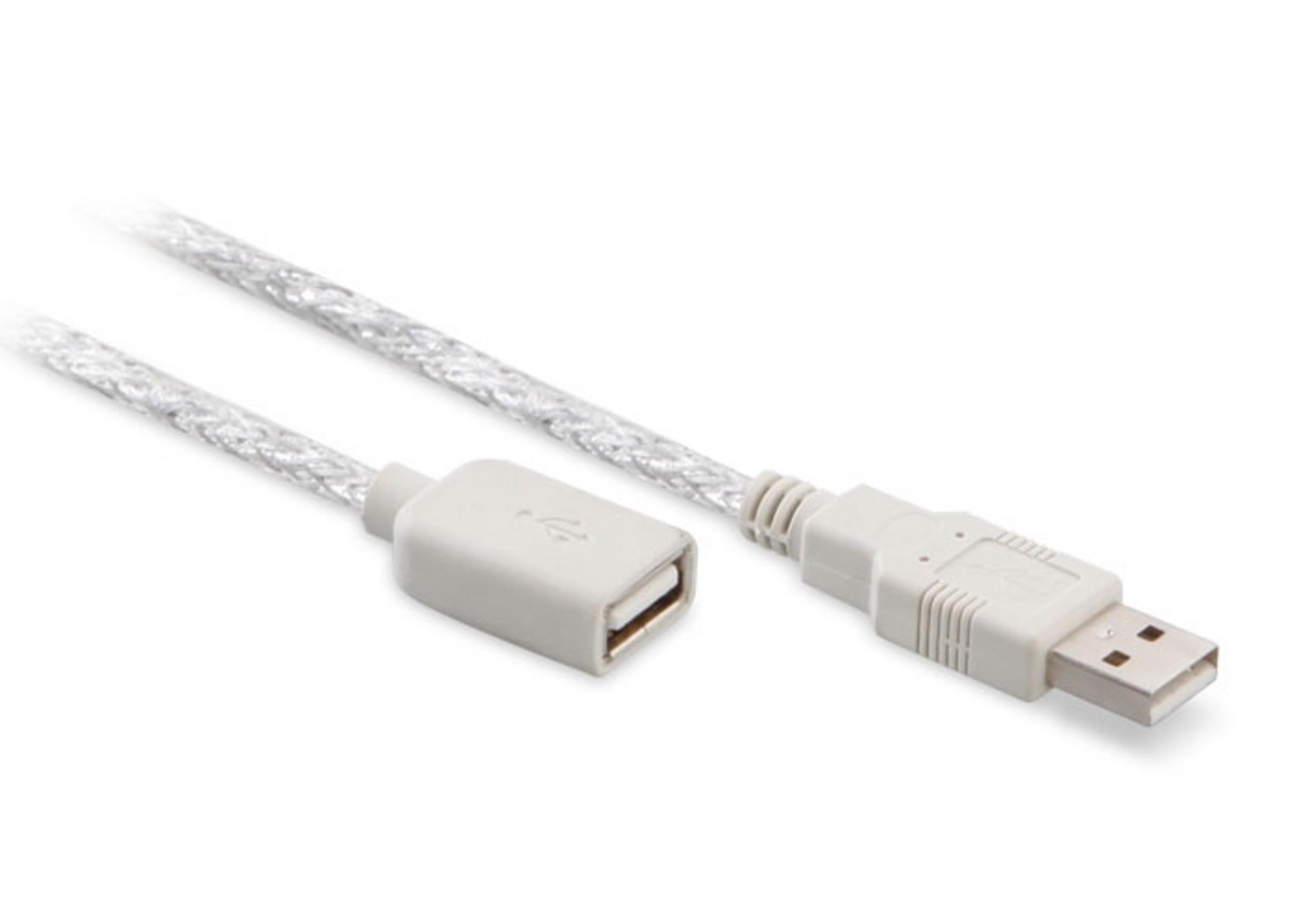 Erkek ve dişi konektörlü gümüş USB kablosu.