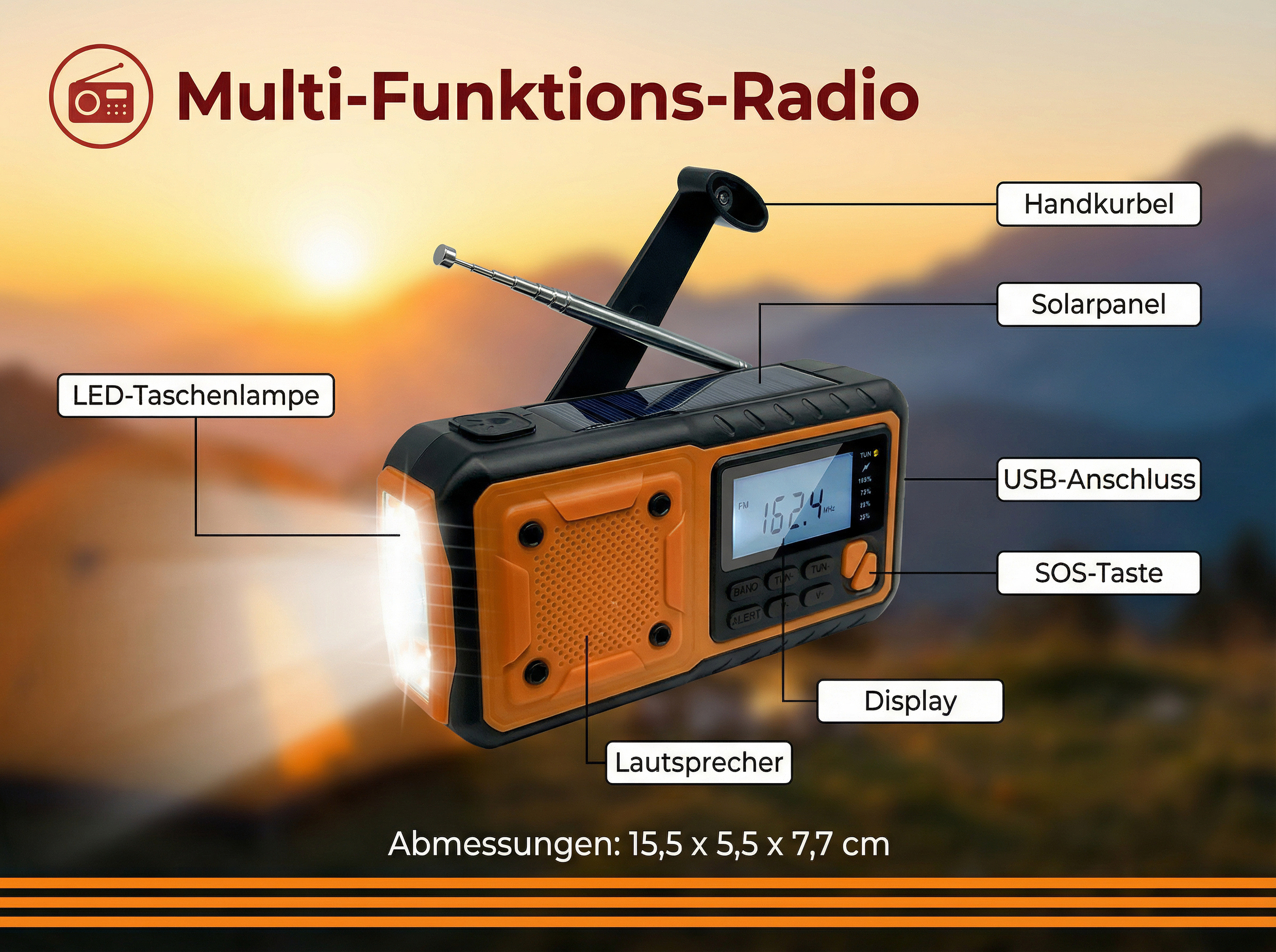Ein orangefarbenes Multifunktionsradio mit Solarpanel, Kurbel und LED-Taschenlampe.