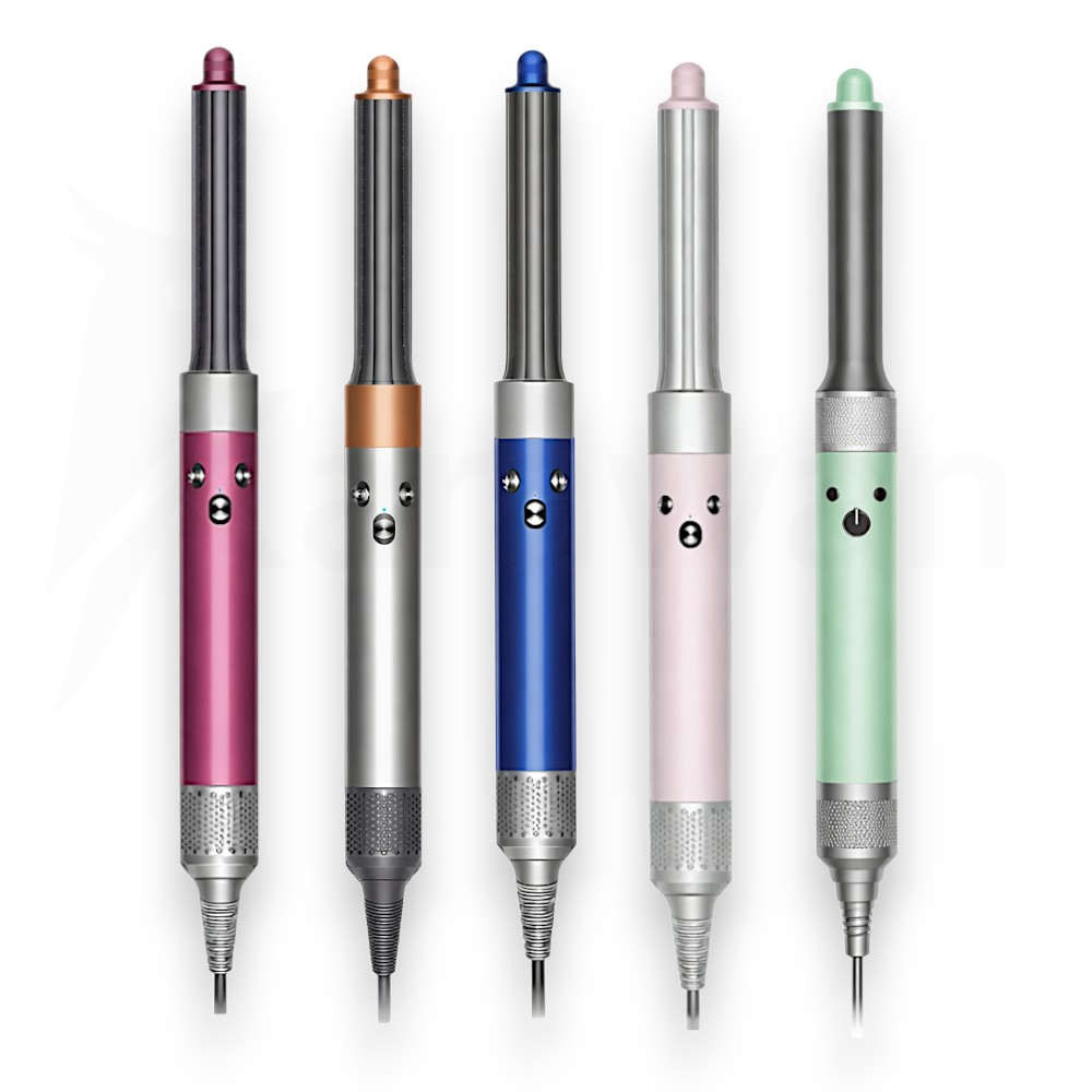 Cinco stylers de cabello en rosa, plata, azul, rosa claro y verde con caras lindas.