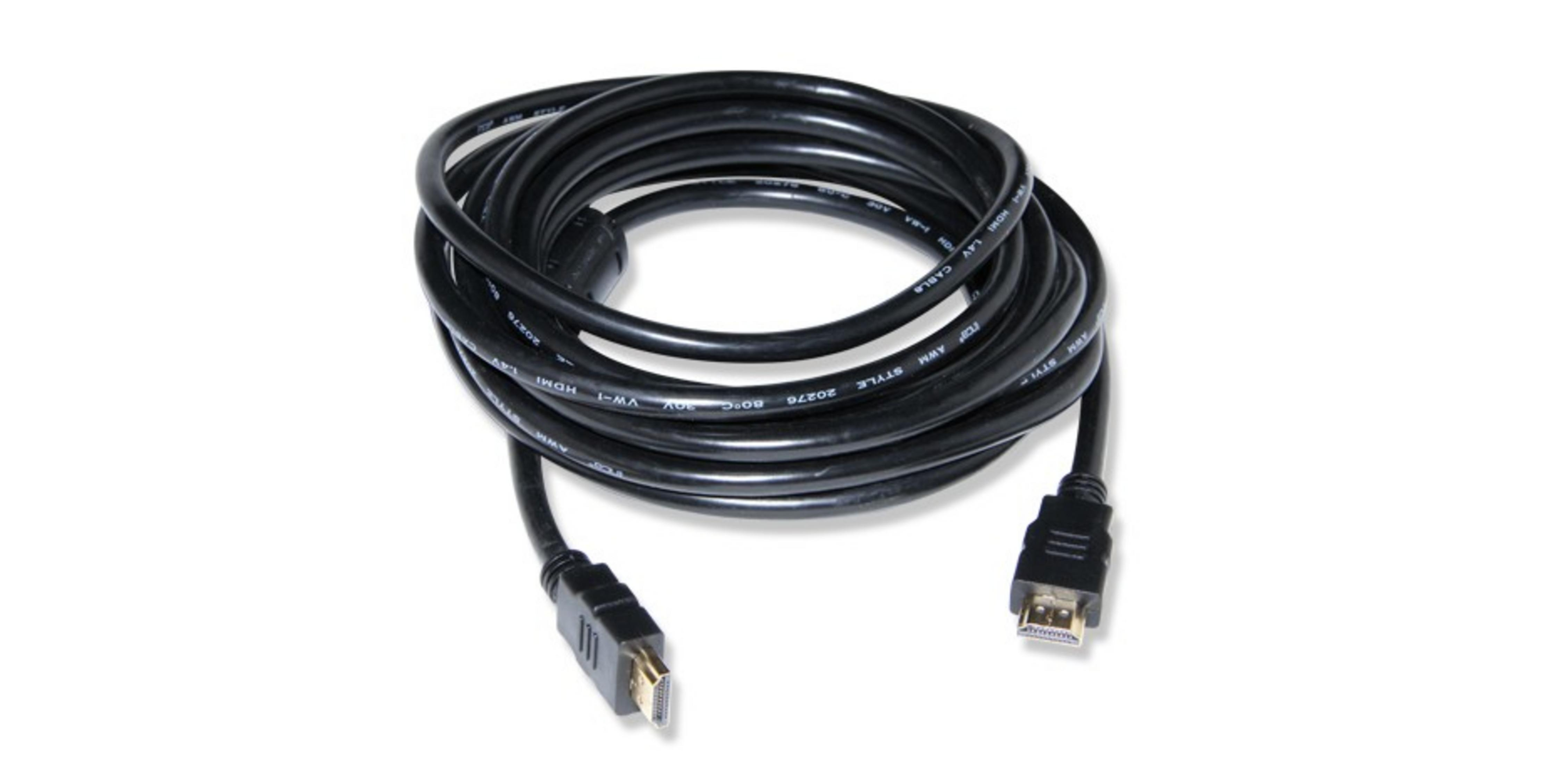 Altın kaplama konektörlü, beyaz arka plan üzerinde sarılı siyah HDMI kablosu.