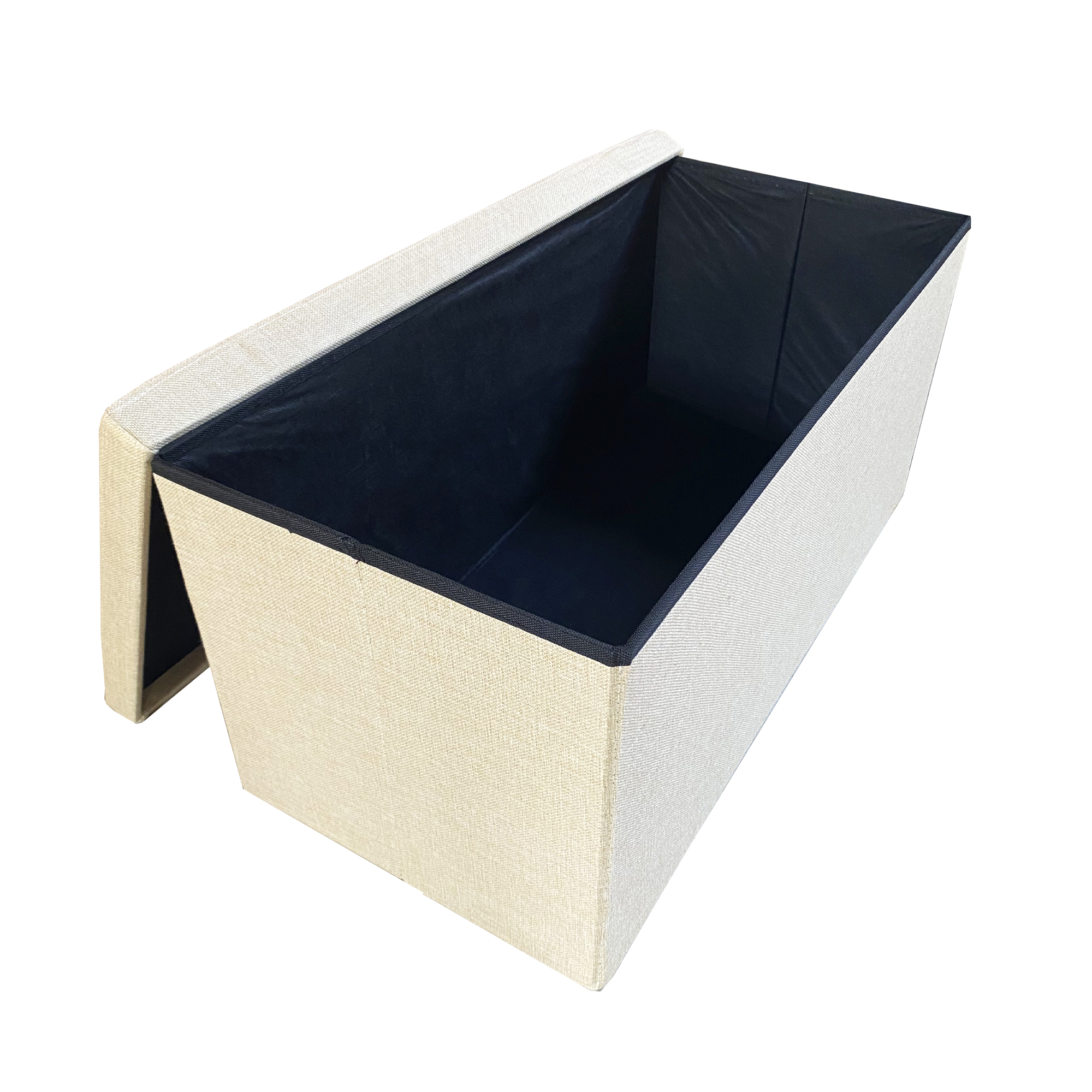 Un otoman de almacenamiento rectangular abierto con exterior de tela beige e interior negro.