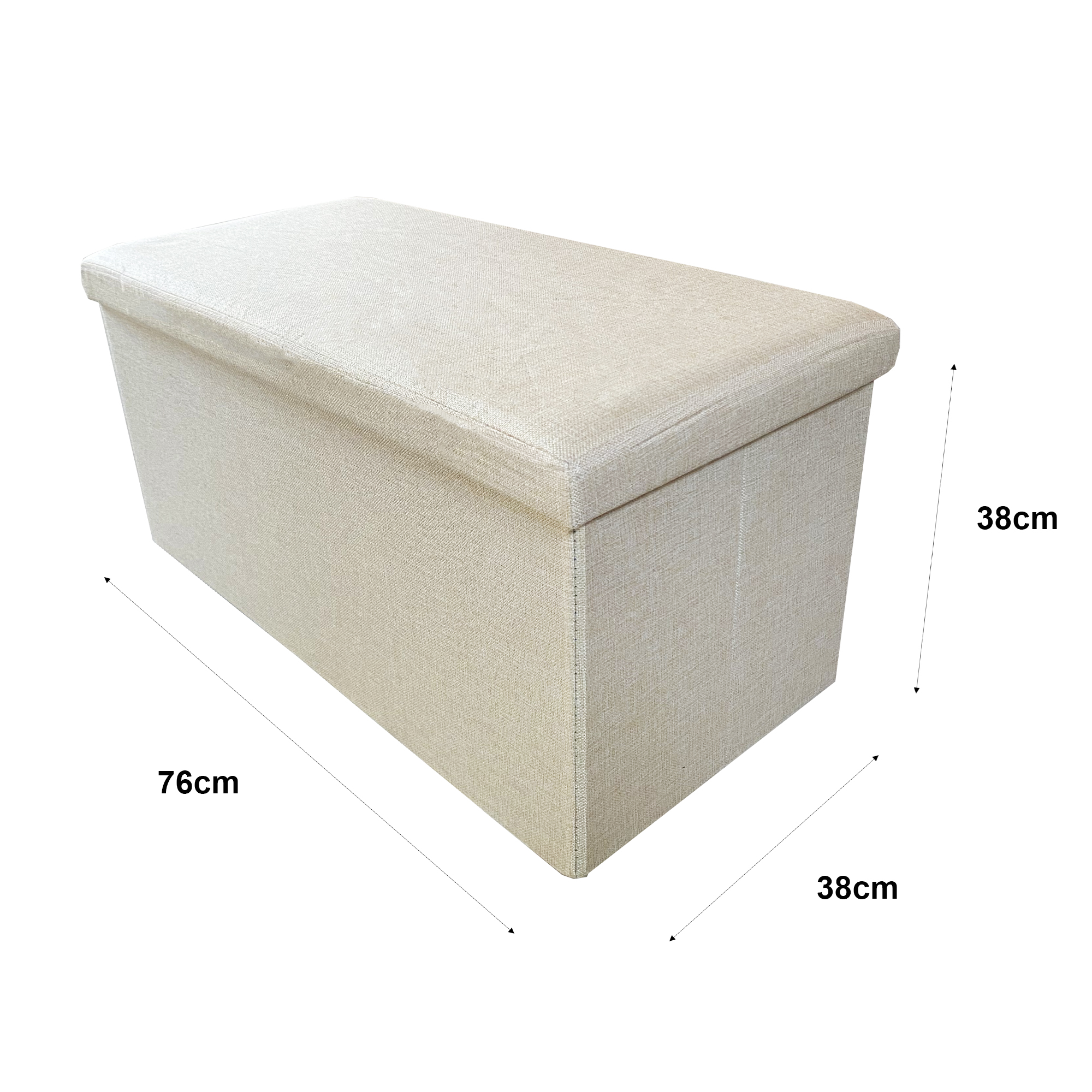 Un otomana de almacenamiento beige con dimensiones de 76x38x38cm.
