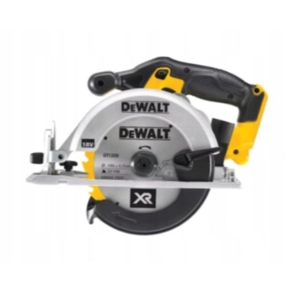 Silberne und gelbe DeWalt-Kreissäge mit schwarzem Griff, auf weißem Hintergrund.