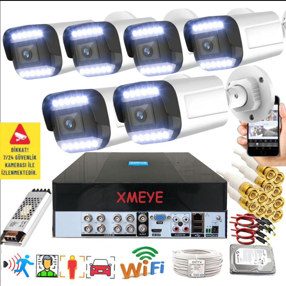 BISES 3312W-P 6 lı Araç İnsan Yüz Tanımalı Hareket Algılayan 5 MP Lens 12 Warm Led Gece Renkli Kamera Seti Beyaz