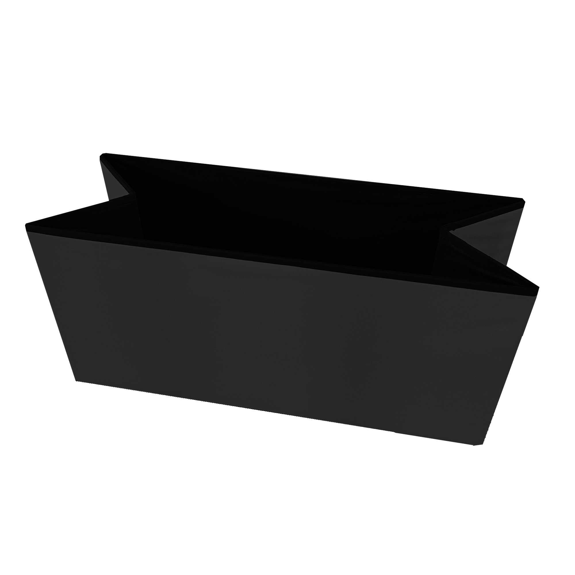 Un contenedor negro y rectangular con una abertura en forma de V.